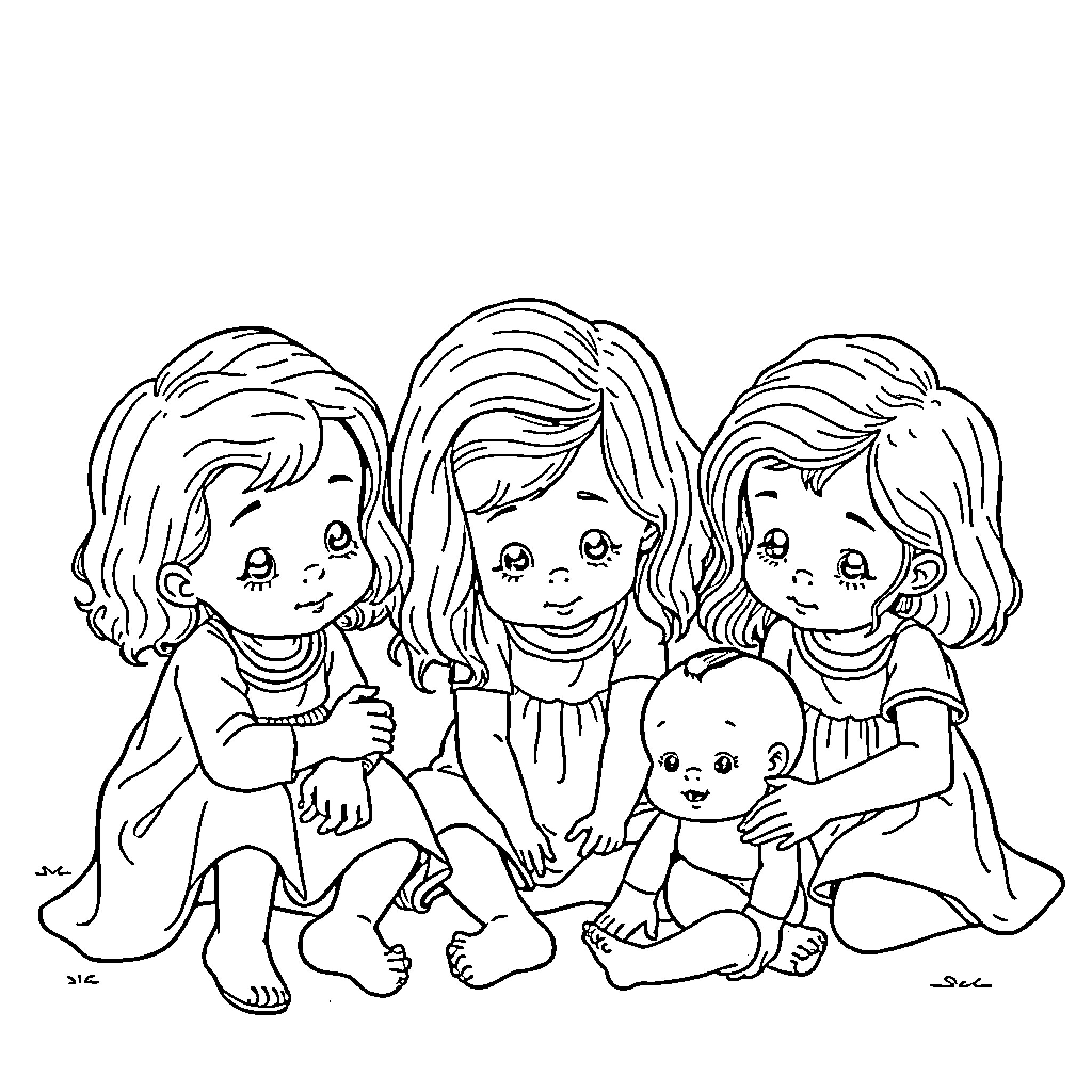 Girls playing happily with baby dolls Coloring Page (free black-and-white line drawing printable PDF for all, from beginners to advanced learners, including children, teens, adults, and seniors)