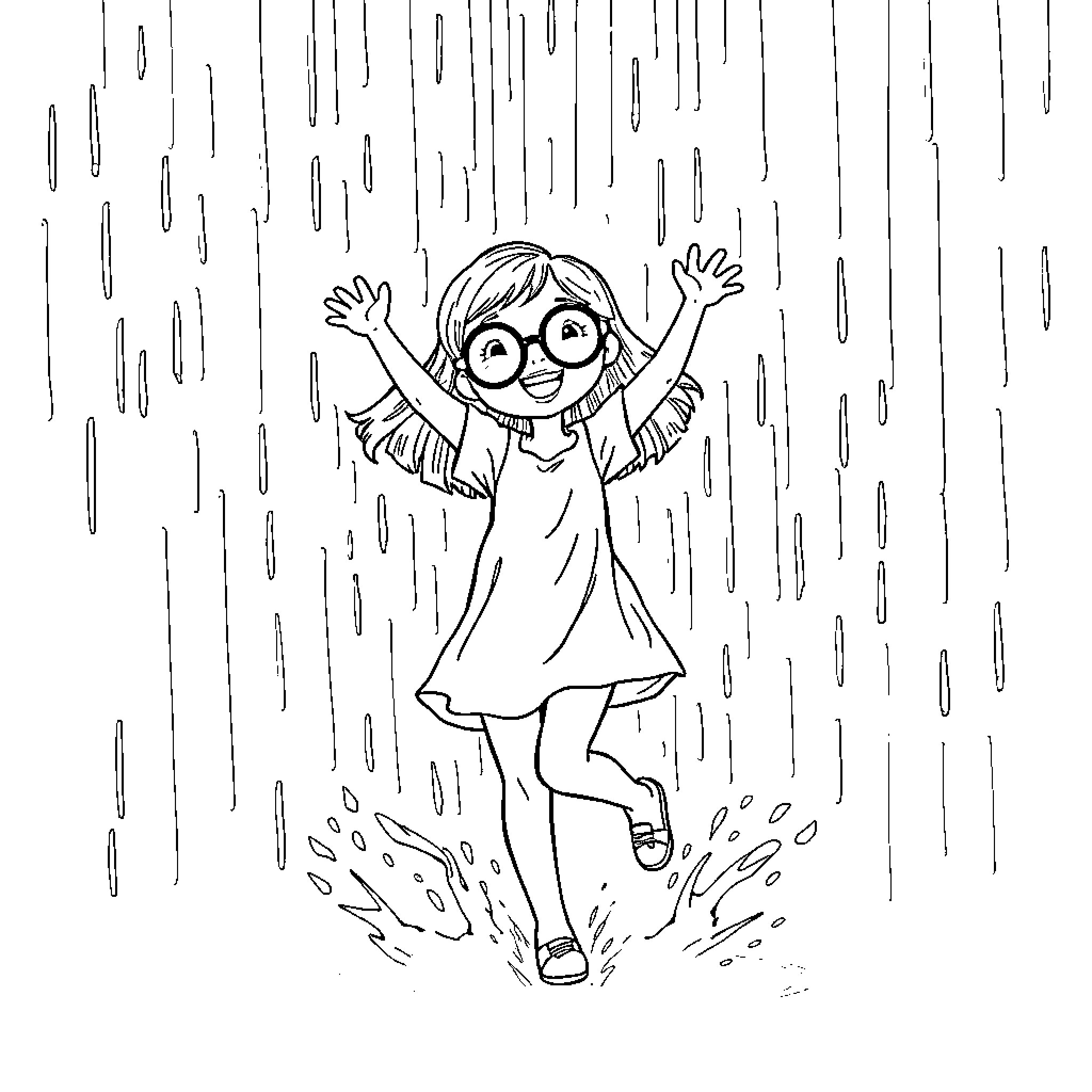 Girl joyfully dancing in the rain Coloring Page (free black-and-white line drawing printable PDF for all, from beginners to advanced learners, including children, teens, adults, and seniors)