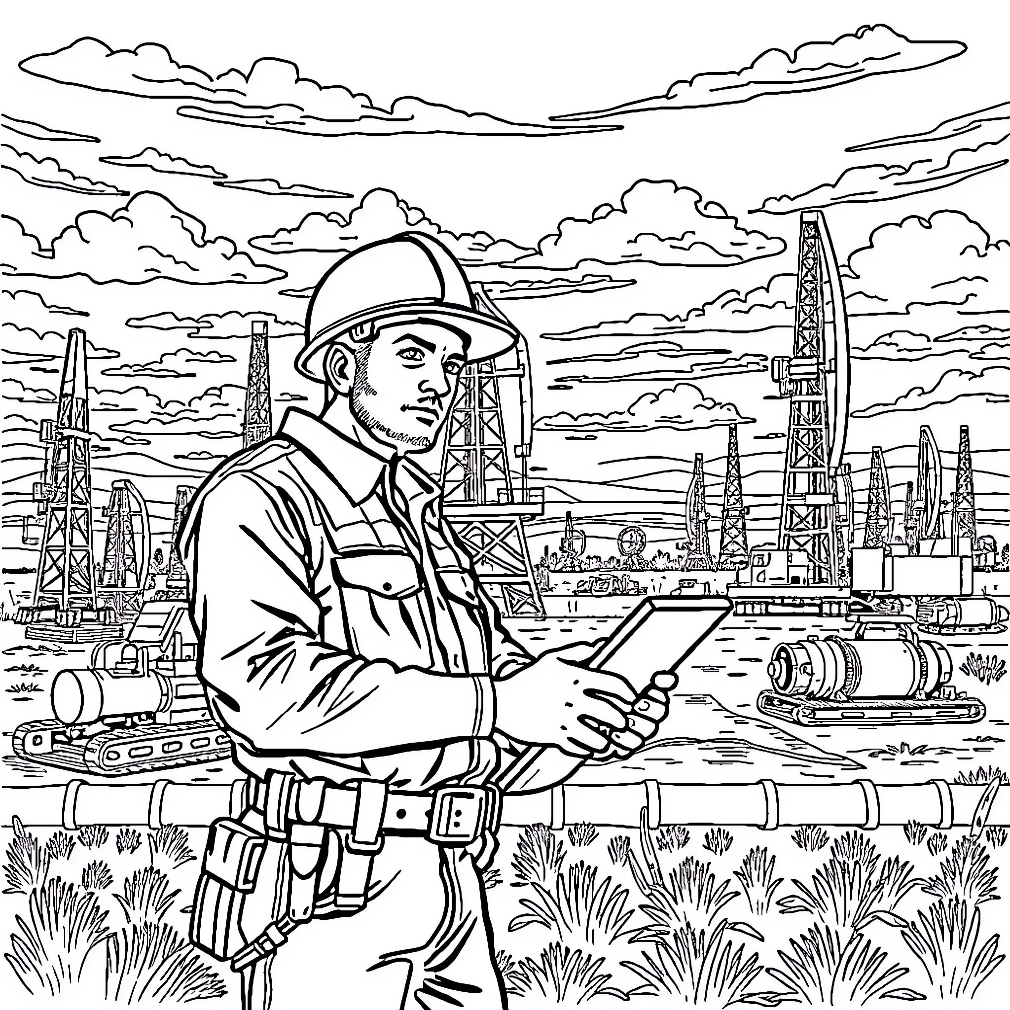 Electrician Assessing Industrial Landscape Coloring Page (free black-and-white line drawing printable PDF for all, from beginners to advanced learners, including children, teens, adults, and seniors)