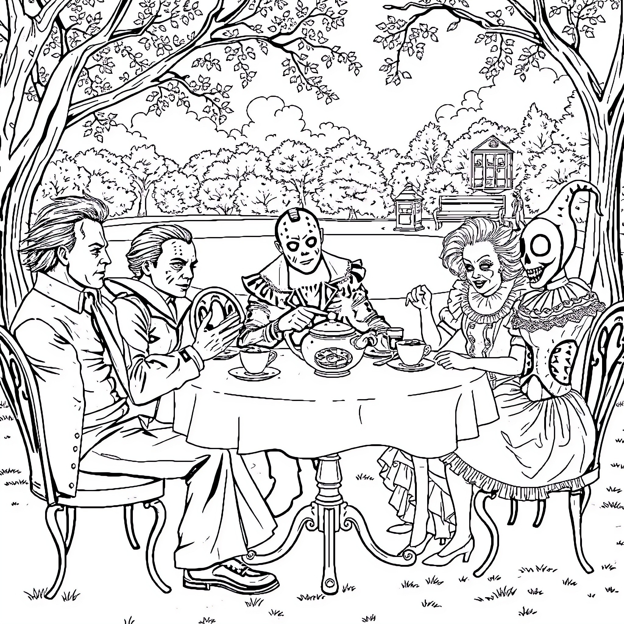 Horror Character Dinner Party in the Park Coloring Page (free black-and-white line drawing printable PDF for all, from beginners to advanced learners, including children, teens, adults, and seniors)