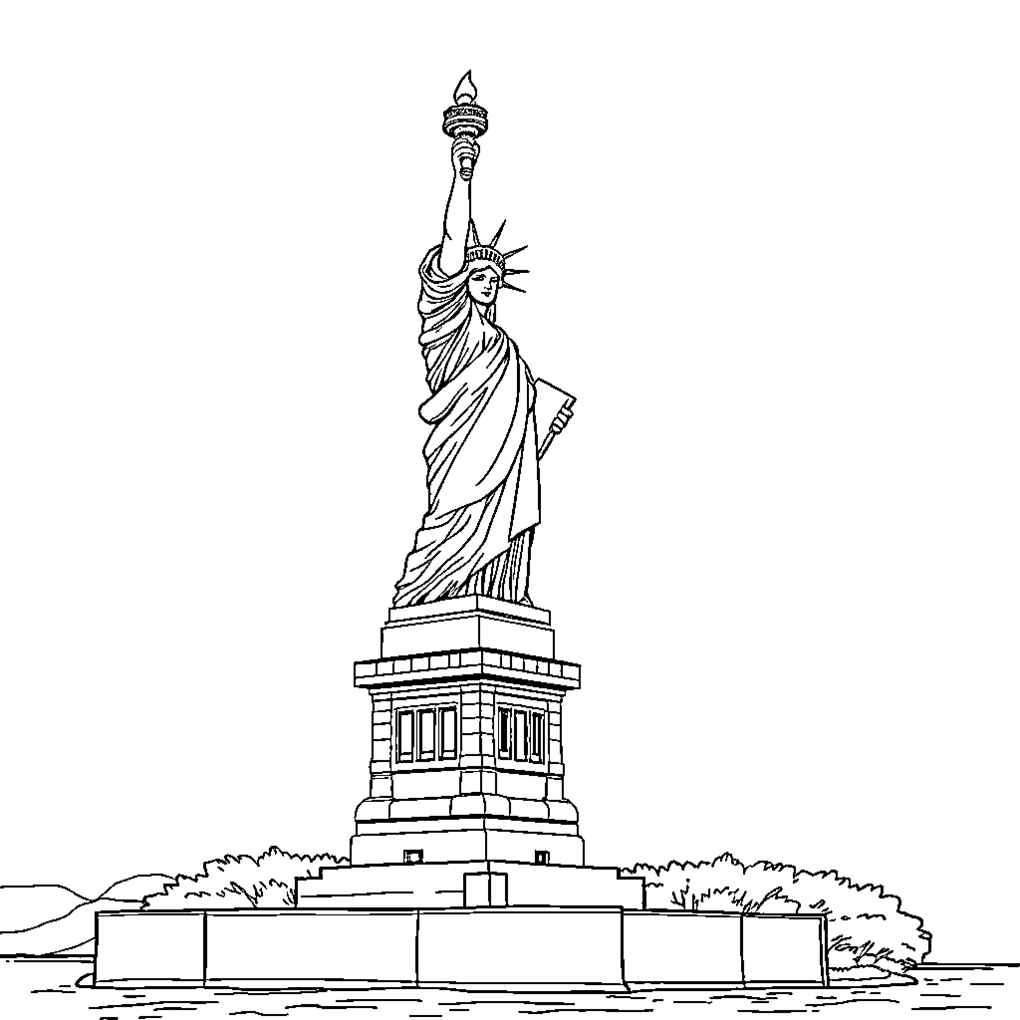 Statue Of Liberty standing tall and proud Coloring Page (free black-and-white line drawing printable PDF for all, from beginners to advanced learners, including children, teens, adults, and seniors)