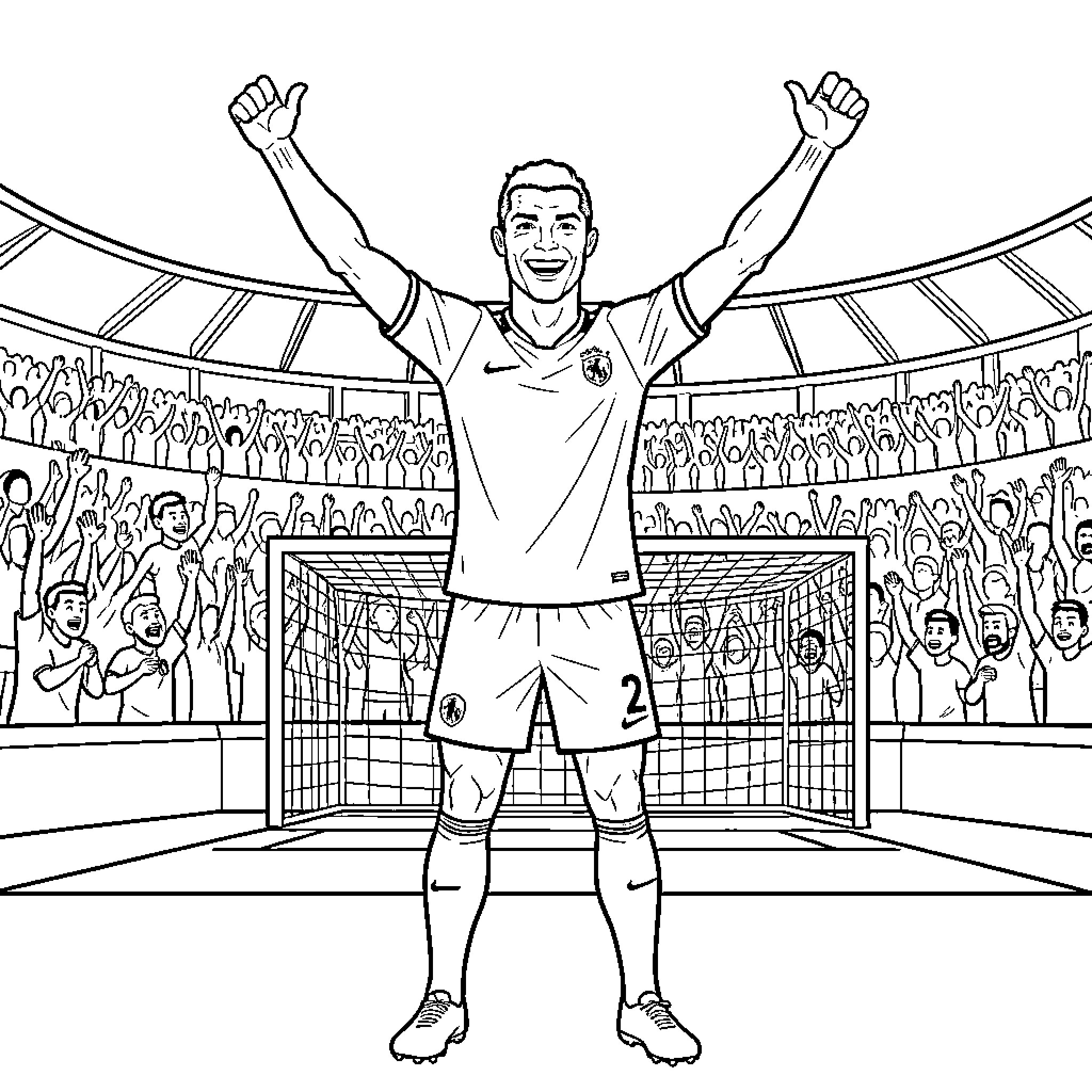 Cristiano Ronaldo celebrating a goal in a stadium Coloring Page (free black-and-white line drawing printable PDF for all, from beginners to advanced learners, including children, teens, adults, and seniors)