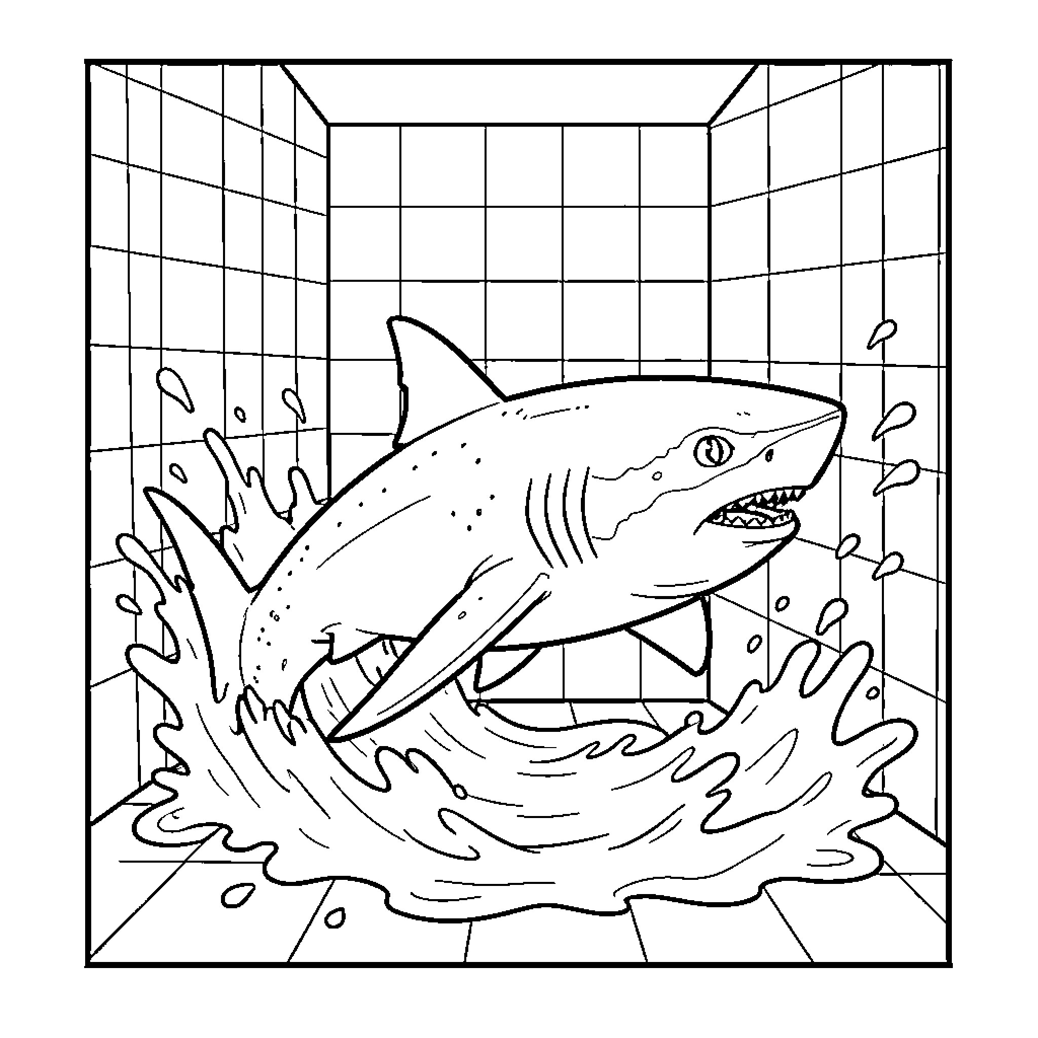 Shark splashing through water in a tiled room Coloring Page (free black-and-white line drawing printable PDF for all, from beginners to advanced learners, including children, teens, adults, and seniors)