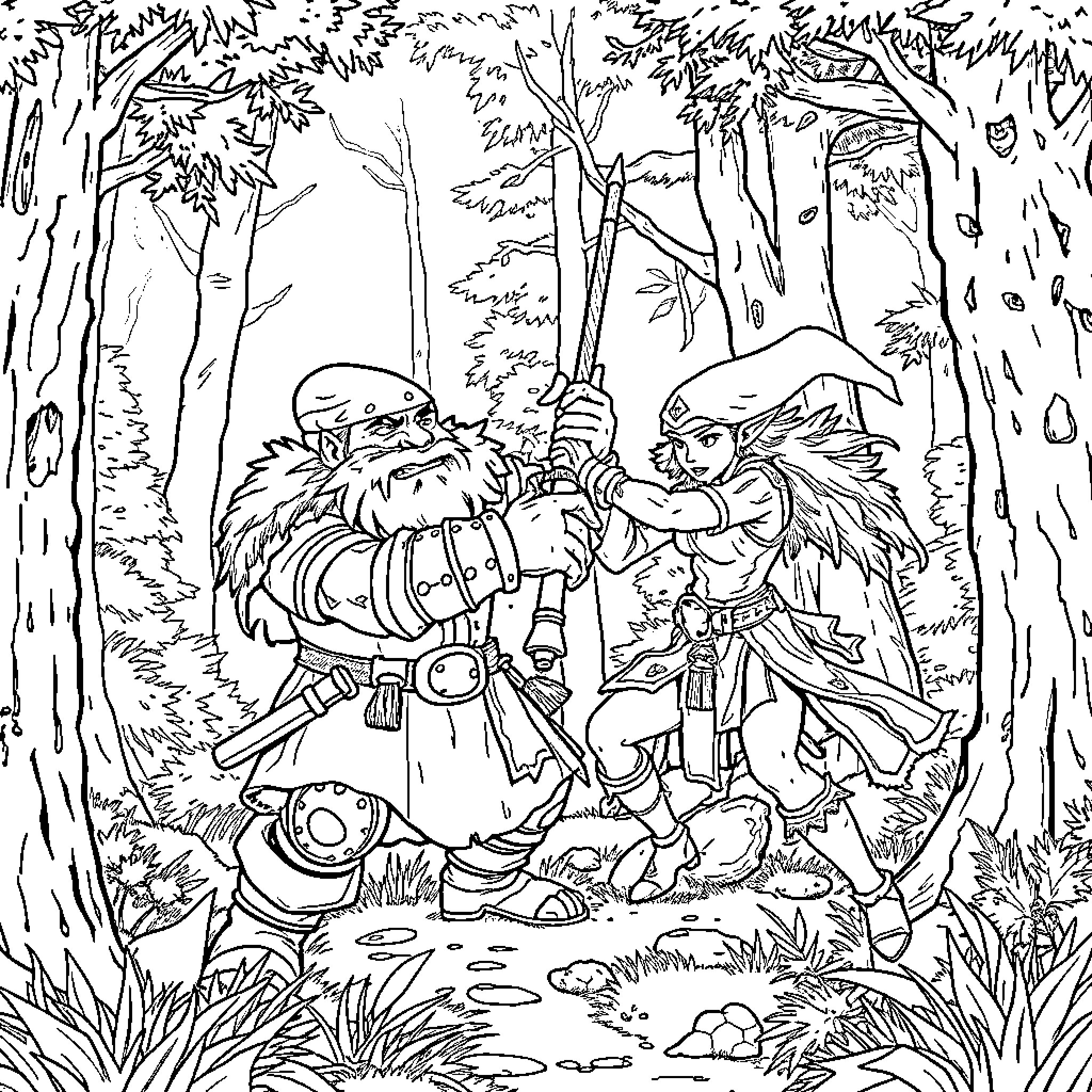 Dwarf warriors battling in enchanted forest Coloring Page (free black-and-white line drawing printable PDF for all, from beginners to advanced learners, including children, teens, adults, and seniors)