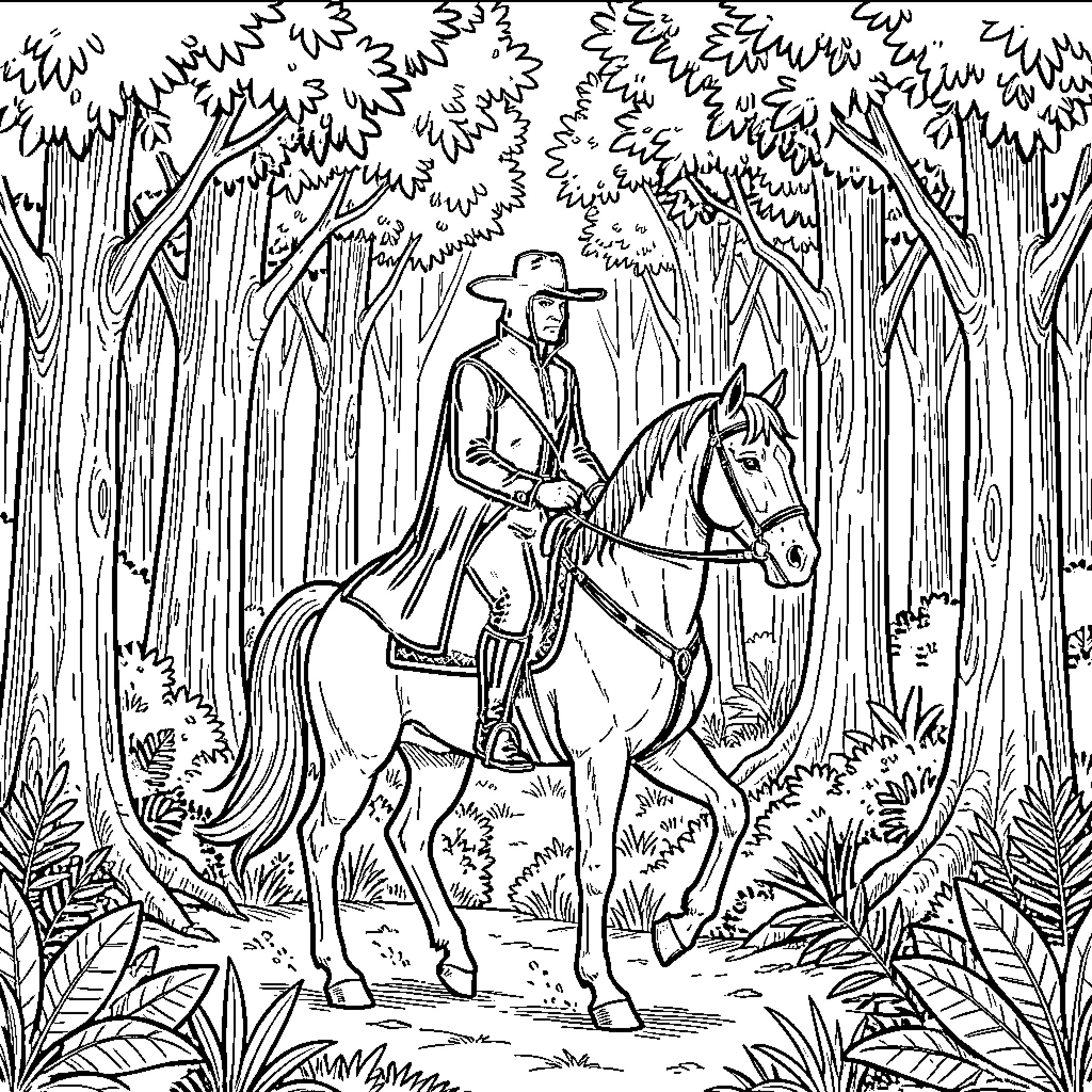 Zorro riding through the mysterious forest Coloring Page (free black-and-white line drawing printable PDF for all, from beginners to advanced learners, including children, teens, adults, and seniors)