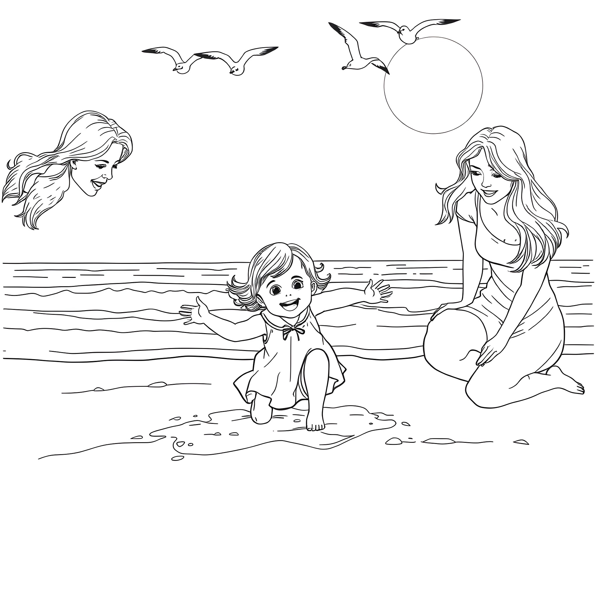 Girl playing with mermaid in the ocean Coloring Page (free black-and-white line drawing printable PDF for all, from beginners to advanced learners, including children, teens, adults, and seniors)
