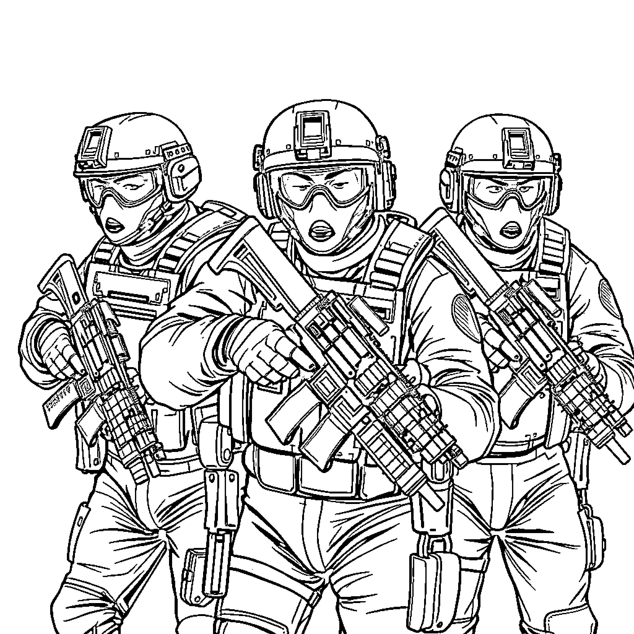 Swat Team Prepared for Action Coloring Page (free black-and-white line drawing printable PDF for all, from beginners to advanced learners, including children, teens, adults, and seniors)