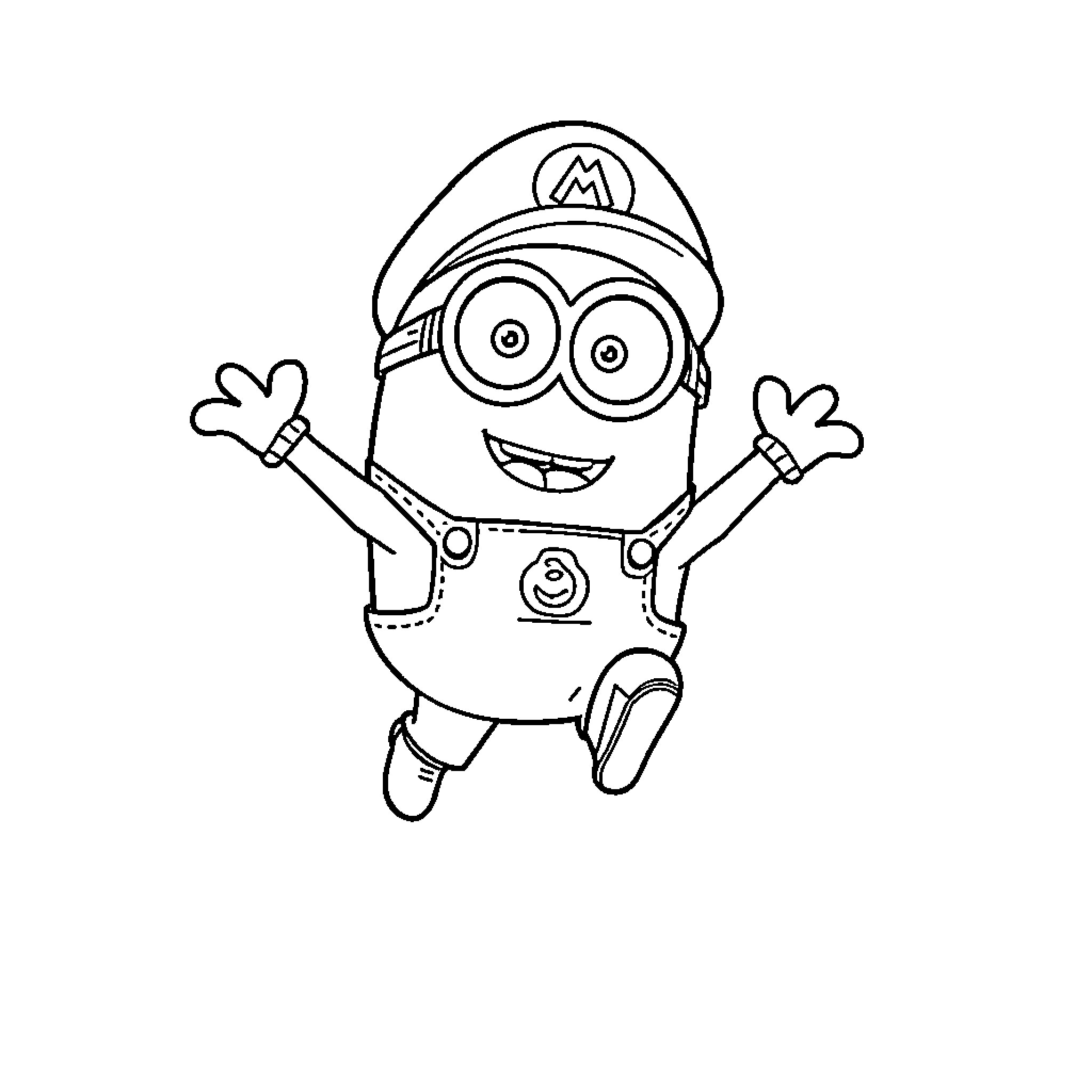 Super Mario Minion Jumping with Joy Coloring Page (free black-and-white line drawing printable PDF for all, from beginners to advanced learners, including children, teens, adults, and seniors)