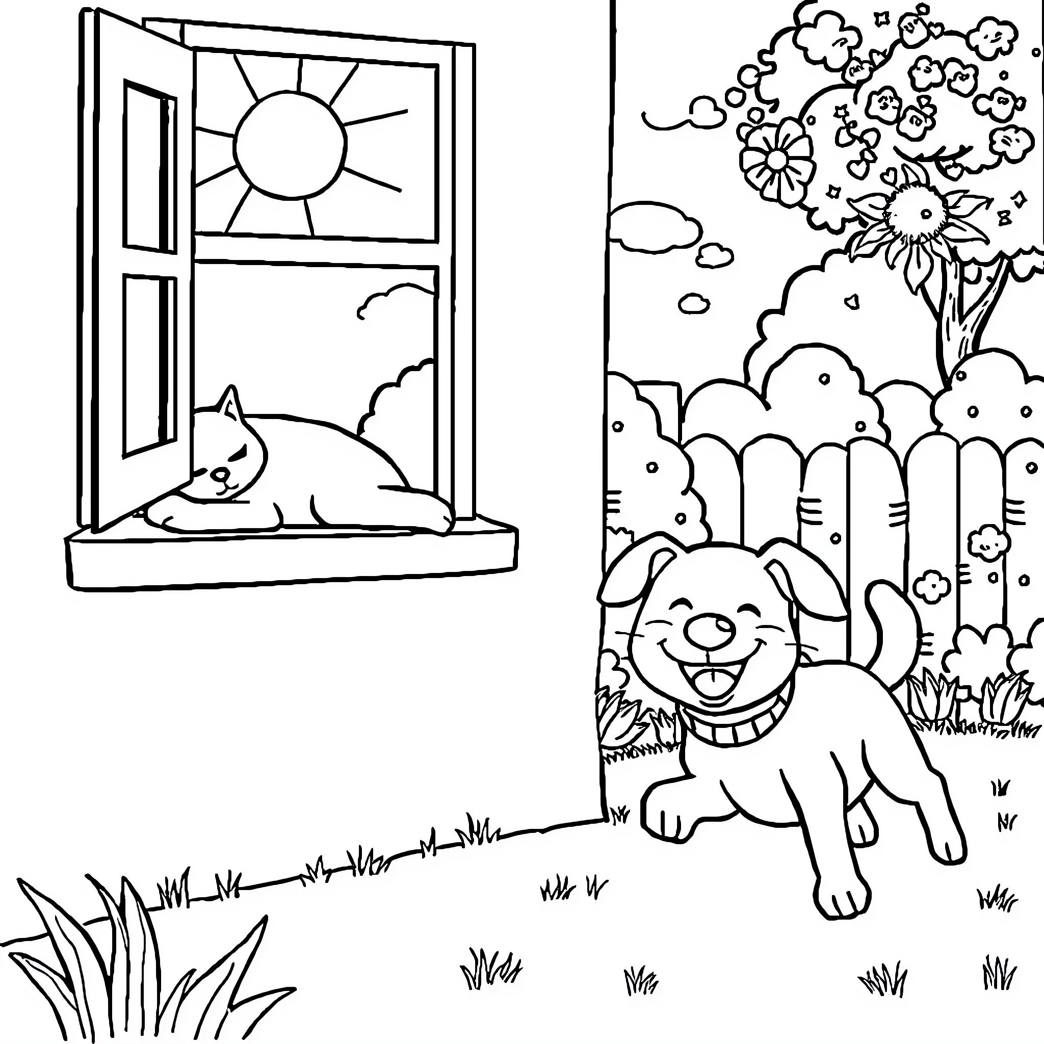 Cats playing outdoors in the garden Coloring Page (free black-and-white line drawing printable PDF for all, from beginners to advanced learners, including children, teens, adults, and seniors)