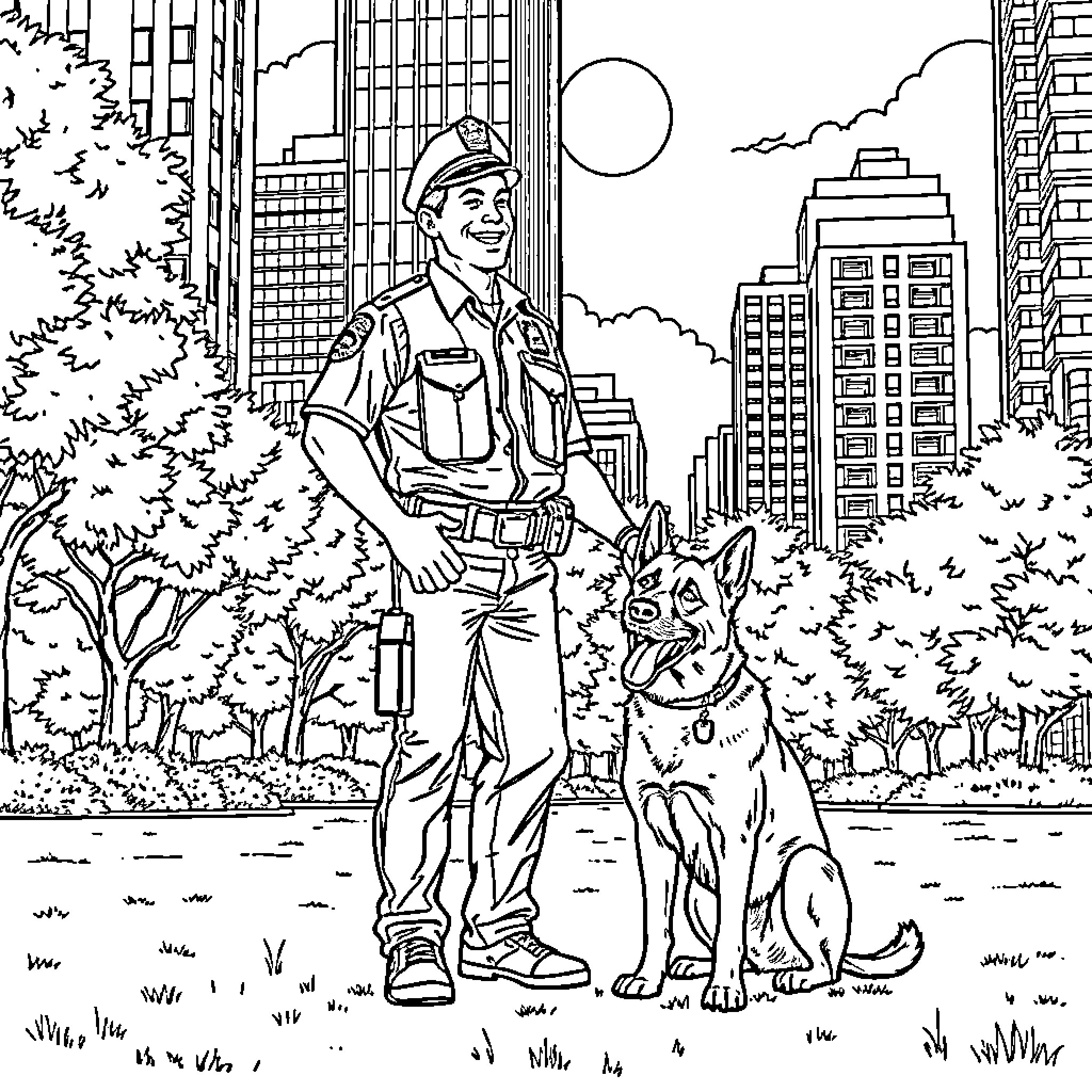 Police Officer Patrolling the City Streets Coloring Page (free black-and-white line drawing printable PDF for all, from beginners to advanced learners, including children, teens, adults, and seniors)