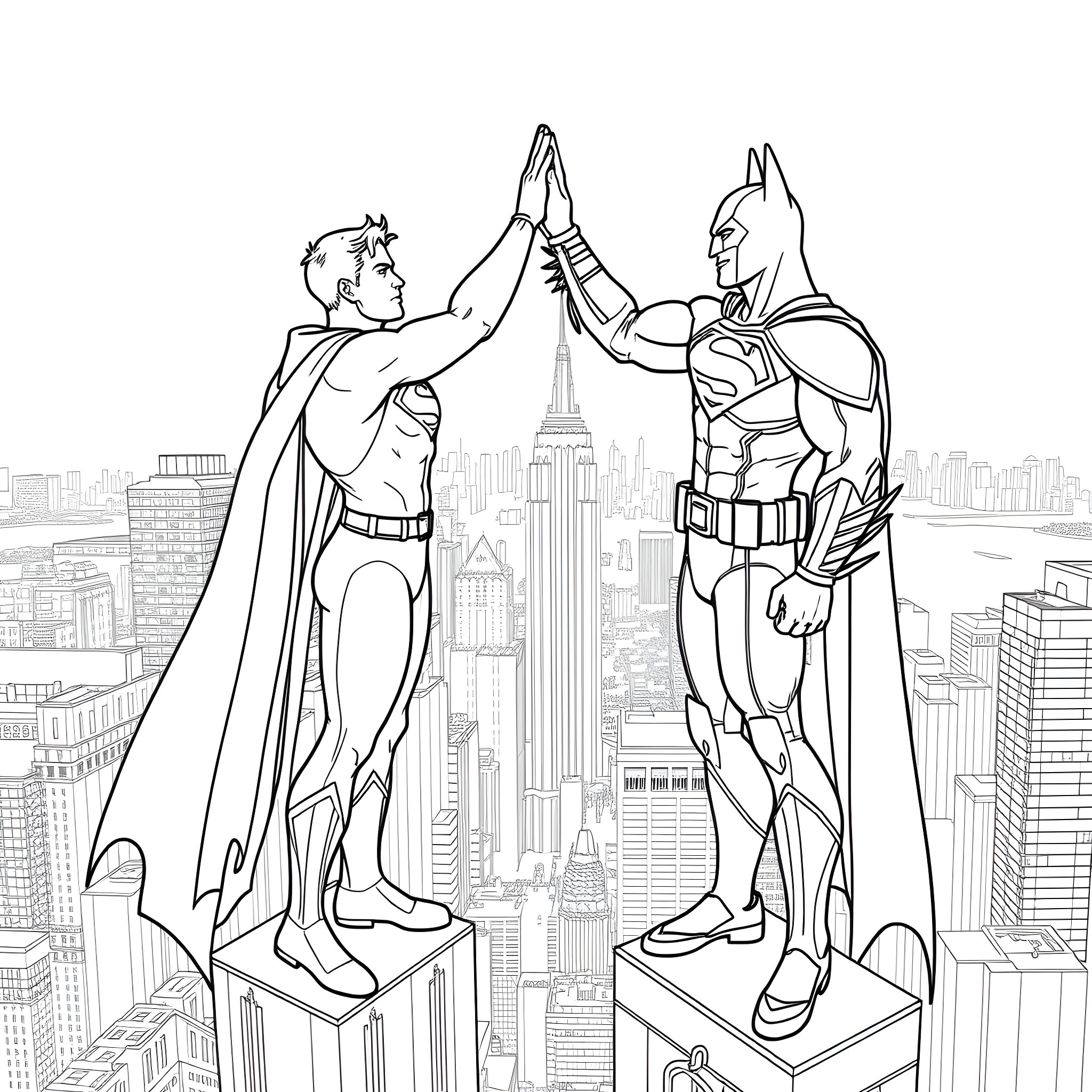 Superman and Batman high-fiving on top of a city skyline Coloring Page (free black-and-white line drawing printable PDF for all, from beginners to advanced learners, including children, teens, adults, and seniors)