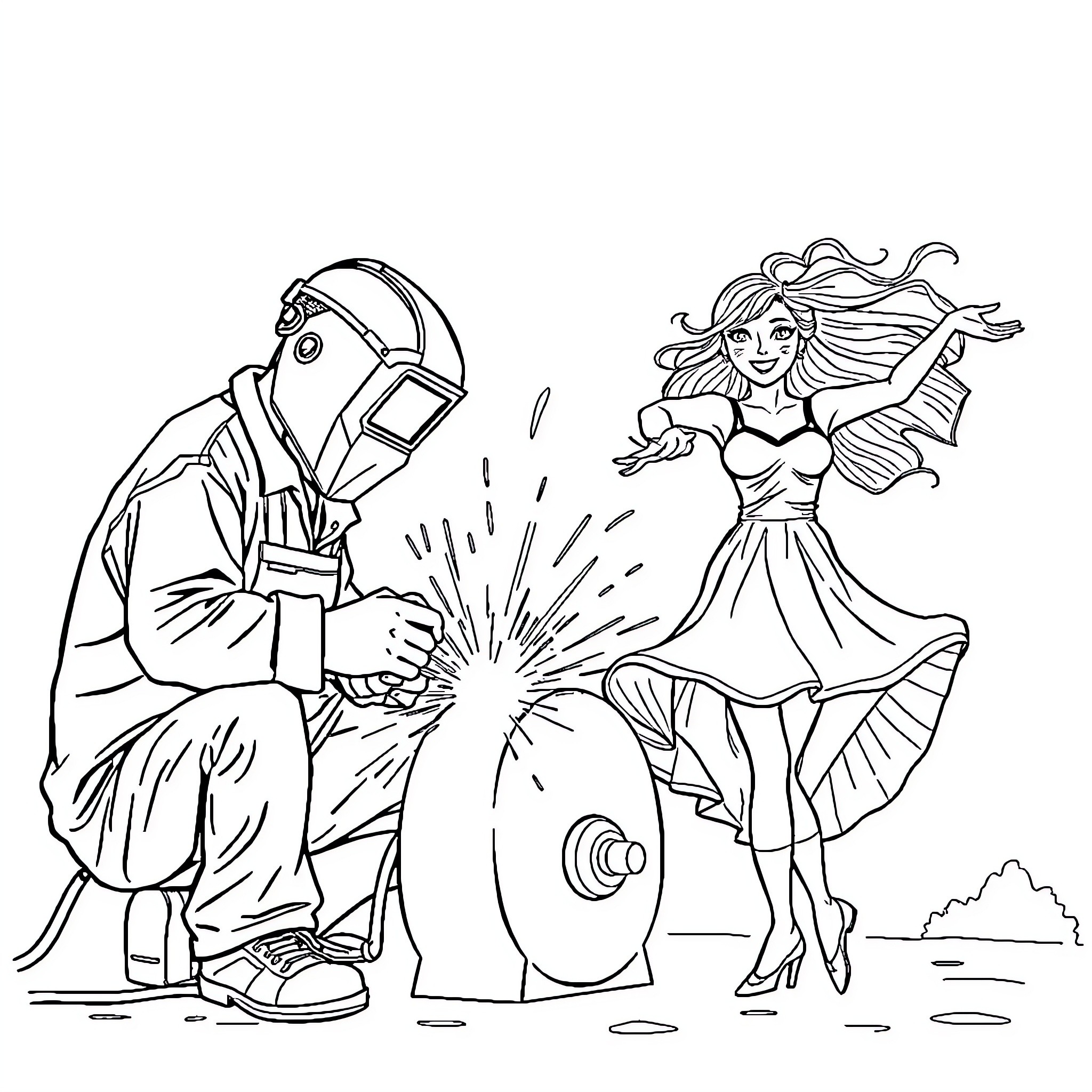 Welder with a dancing female companion Coloring Page (free black-and-white line drawing printable PDF for all, from beginners to advanced learners, including children, teens, adults, and seniors)