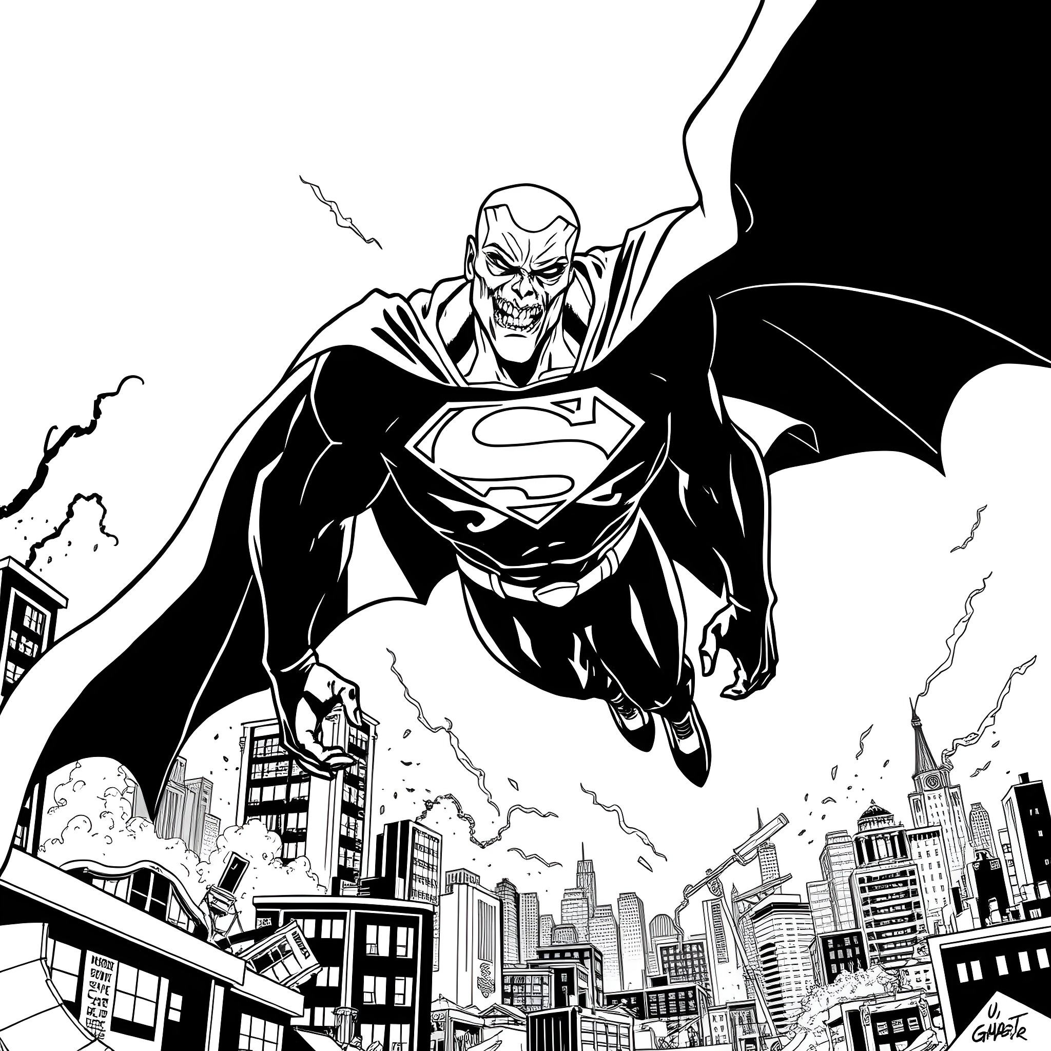 Bizarro Superman soaring over the city Coloring Page (free black-and-white line drawing printable PDF for all, from beginners to advanced learners, including children, teens, adults, and seniors)