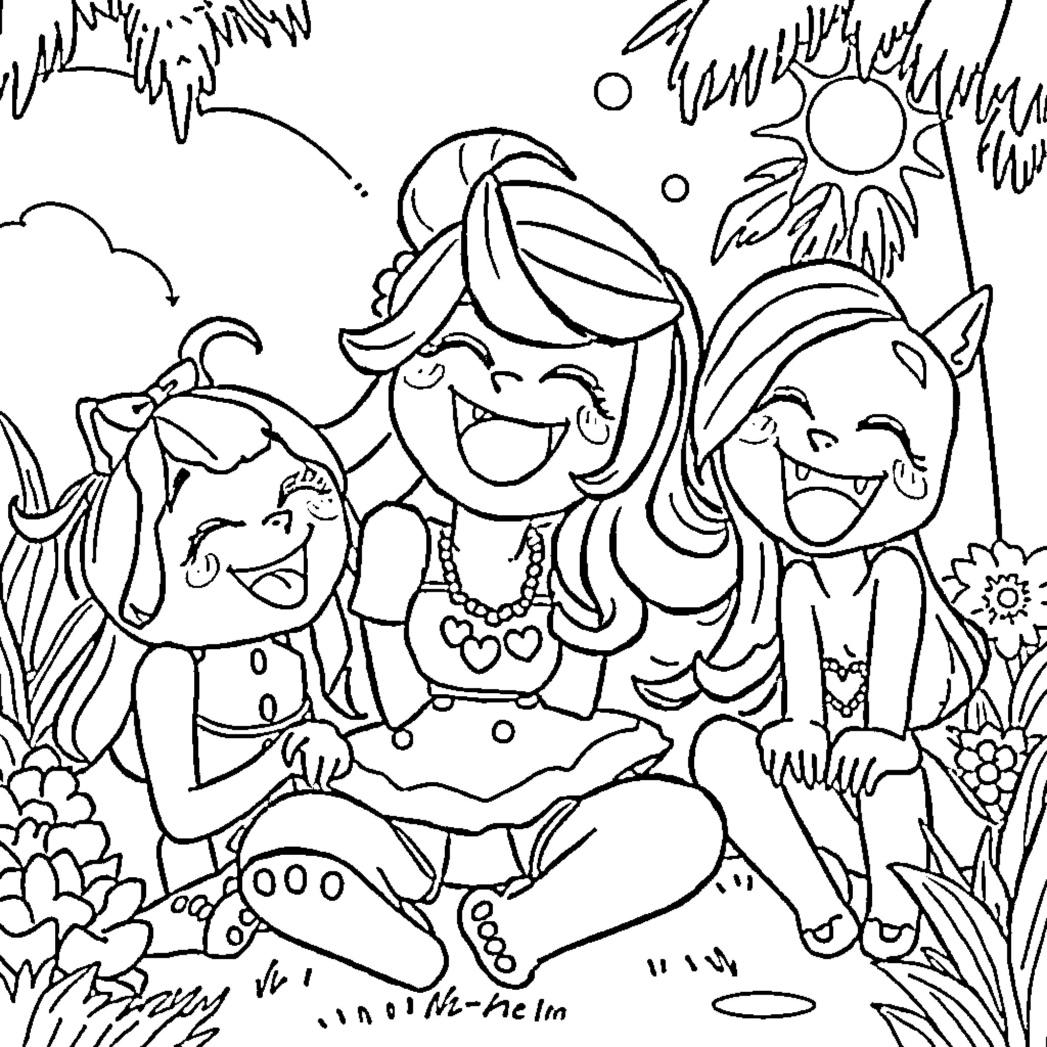 Aphmau and Her Friends Enjoying Nature Coloring Page (free black-and-white line drawing printable PDF for all, from beginners to advanced learners, including children, teens, adults, and seniors)