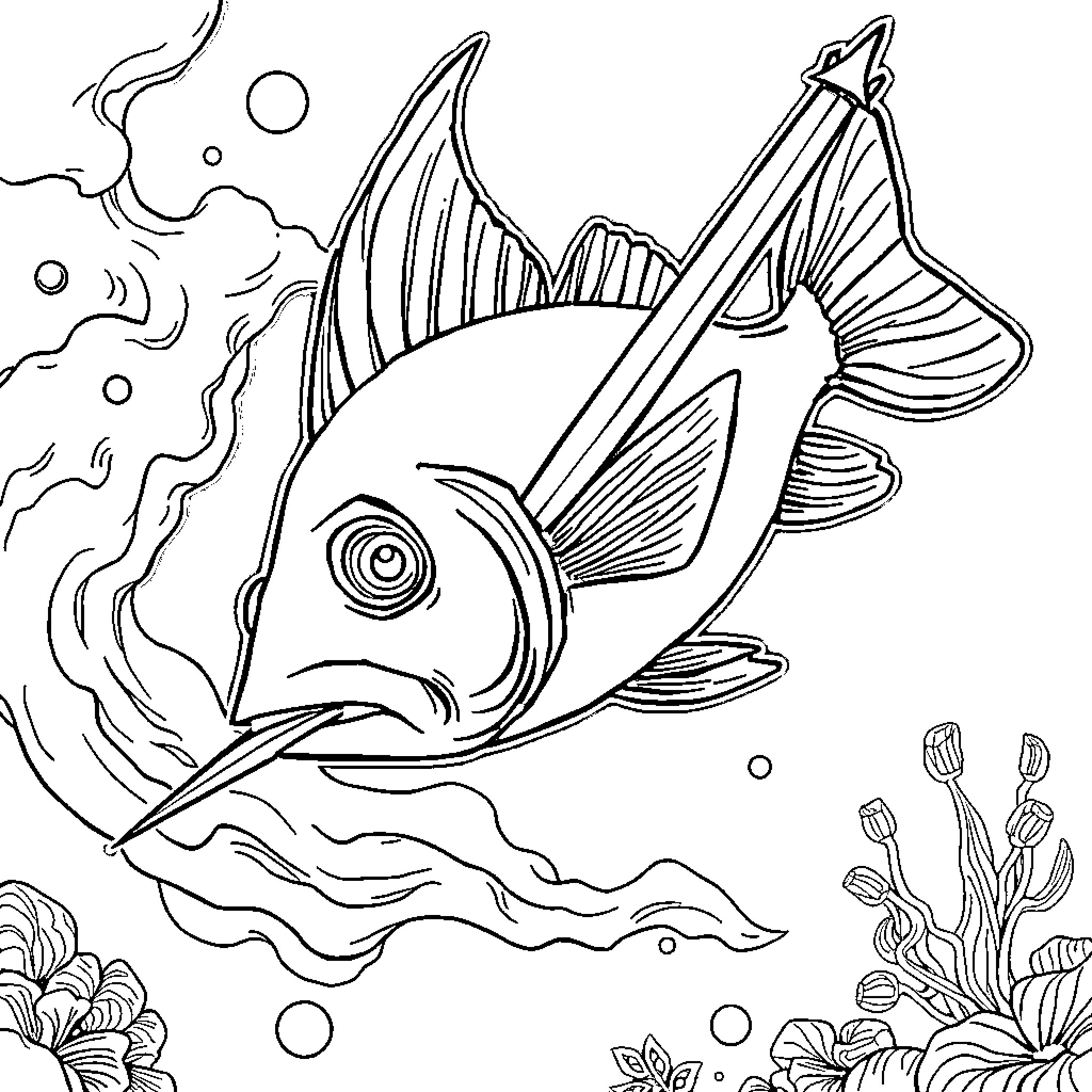 Swordfish swimming among ocean plants Coloring Page (free black-and-white line drawing printable PDF for all, from beginners to advanced learners, including children, teens, adults, and seniors)