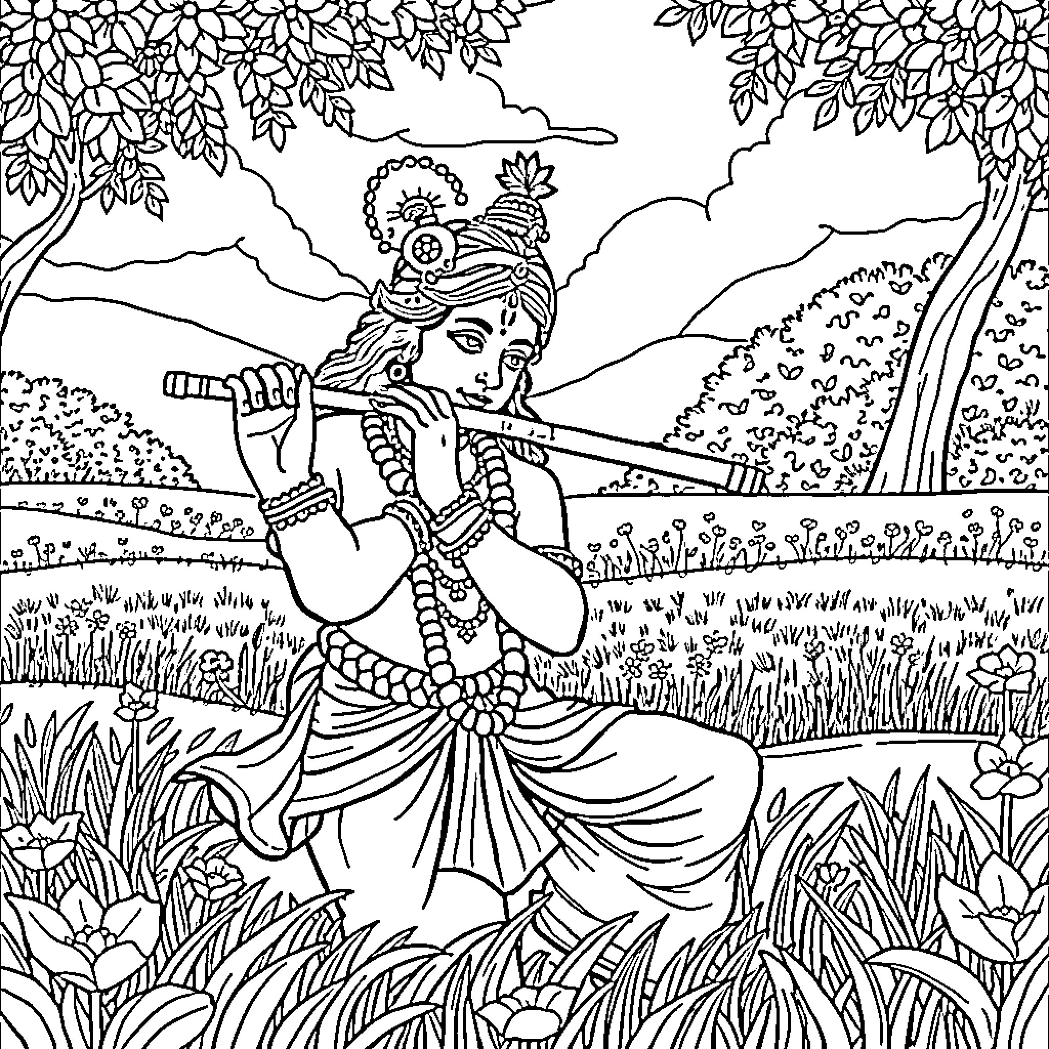 Lord Krishna playing the flute in a serene landscape Coloring Page (free black-and-white line drawing printable PDF for all, from beginners to advanced learners, including children, teens, adults, and seniors)