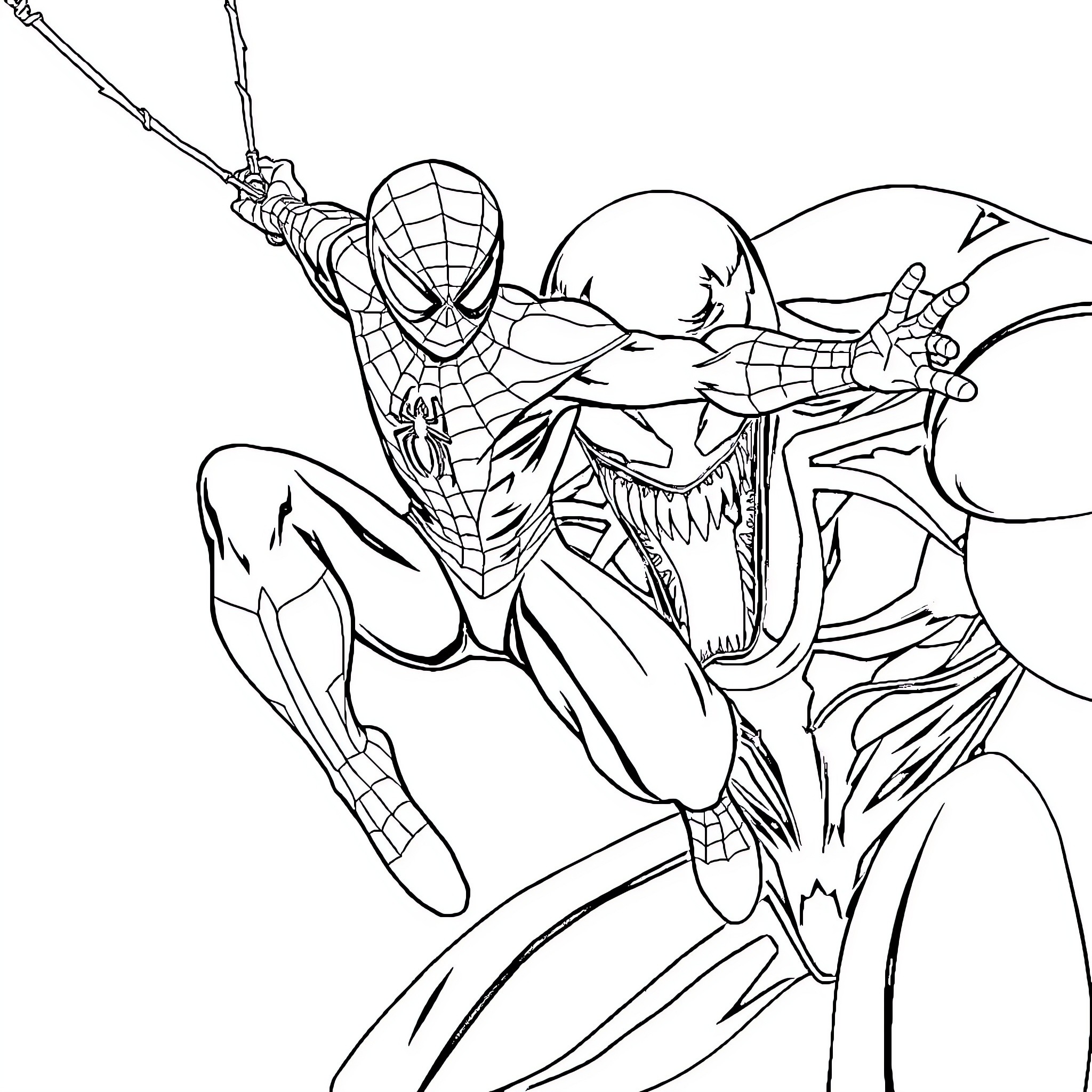 Spider-Man battling a fierce villain Coloring Page (free black-and-white line drawing printable PDF for all, from beginners to advanced learners, including children, teens, adults, and seniors)