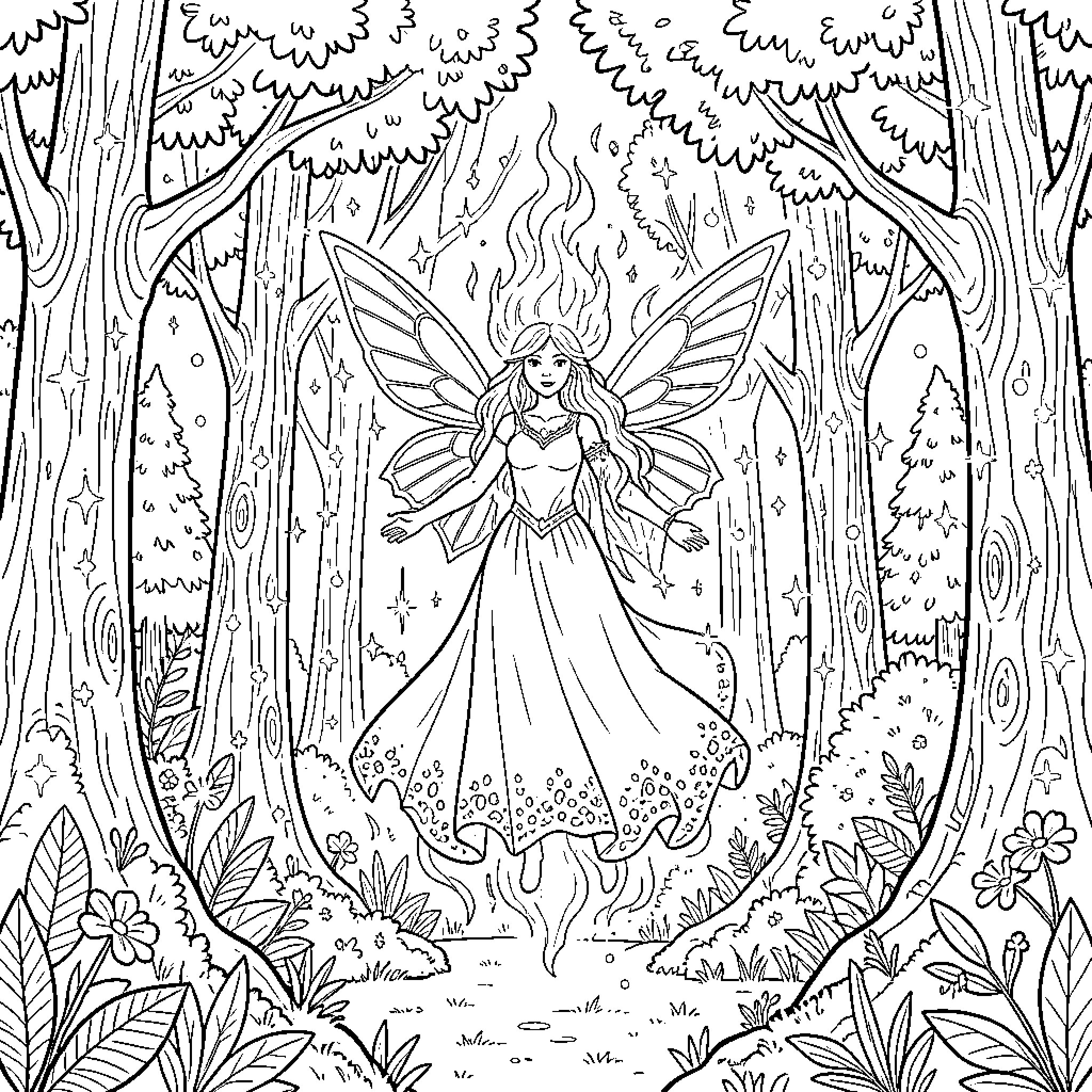 Fairy emerging from enchanted forest with wings Coloring Page (free black-and-white line drawing printable PDF for all, from beginners to advanced learners, including children, teens, adults, and seniors)