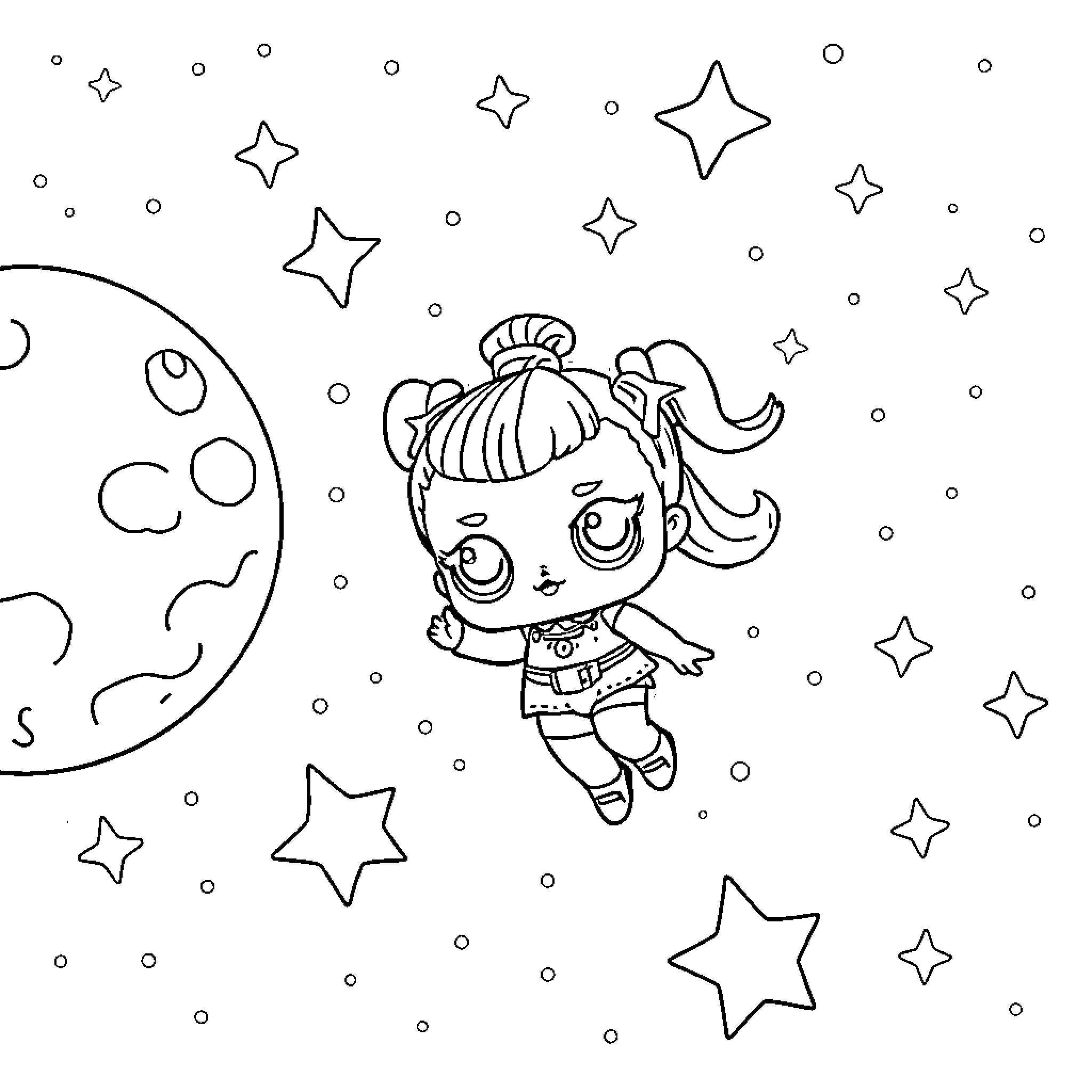 Lol Doll exploring the starry night sky Coloring Page (free black-and-white line drawing printable PDF for all, from beginners to advanced learners, including children, teens, adults, and seniors)
