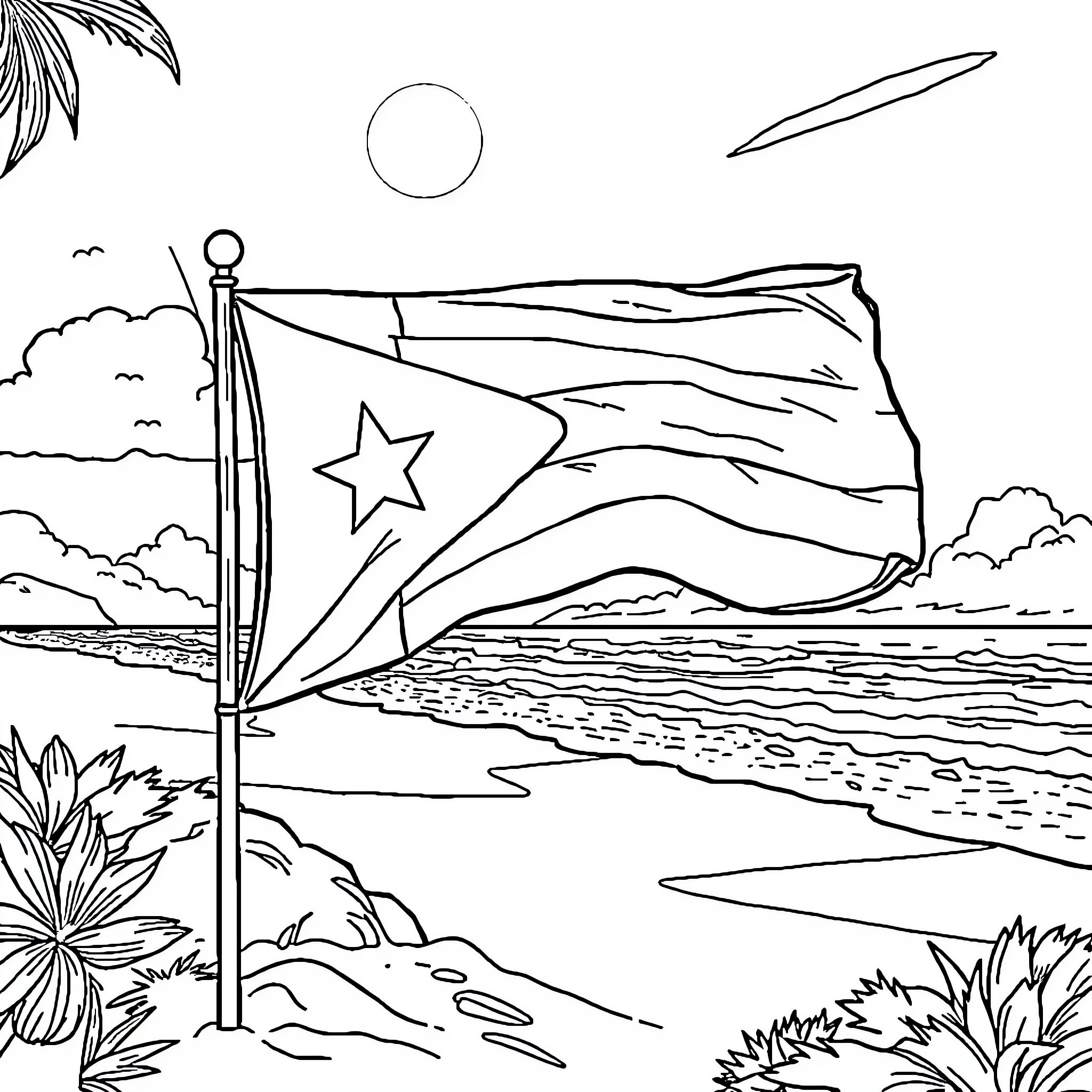 Flag waving in a coastal landscape Coloring Page (free black-and-white line drawing printable PDF for all, from beginners to advanced learners, including children, teens, adults, and seniors)