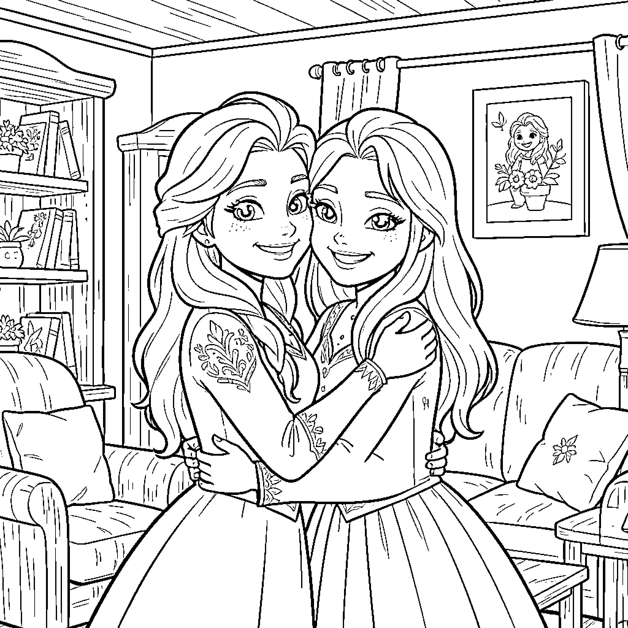 Elsa hugging her sister warmly in a cozy room Coloring Page (free black-and-white line drawing printable PDF for all, from beginners to advanced learners, including children, teens, adults, and seniors)