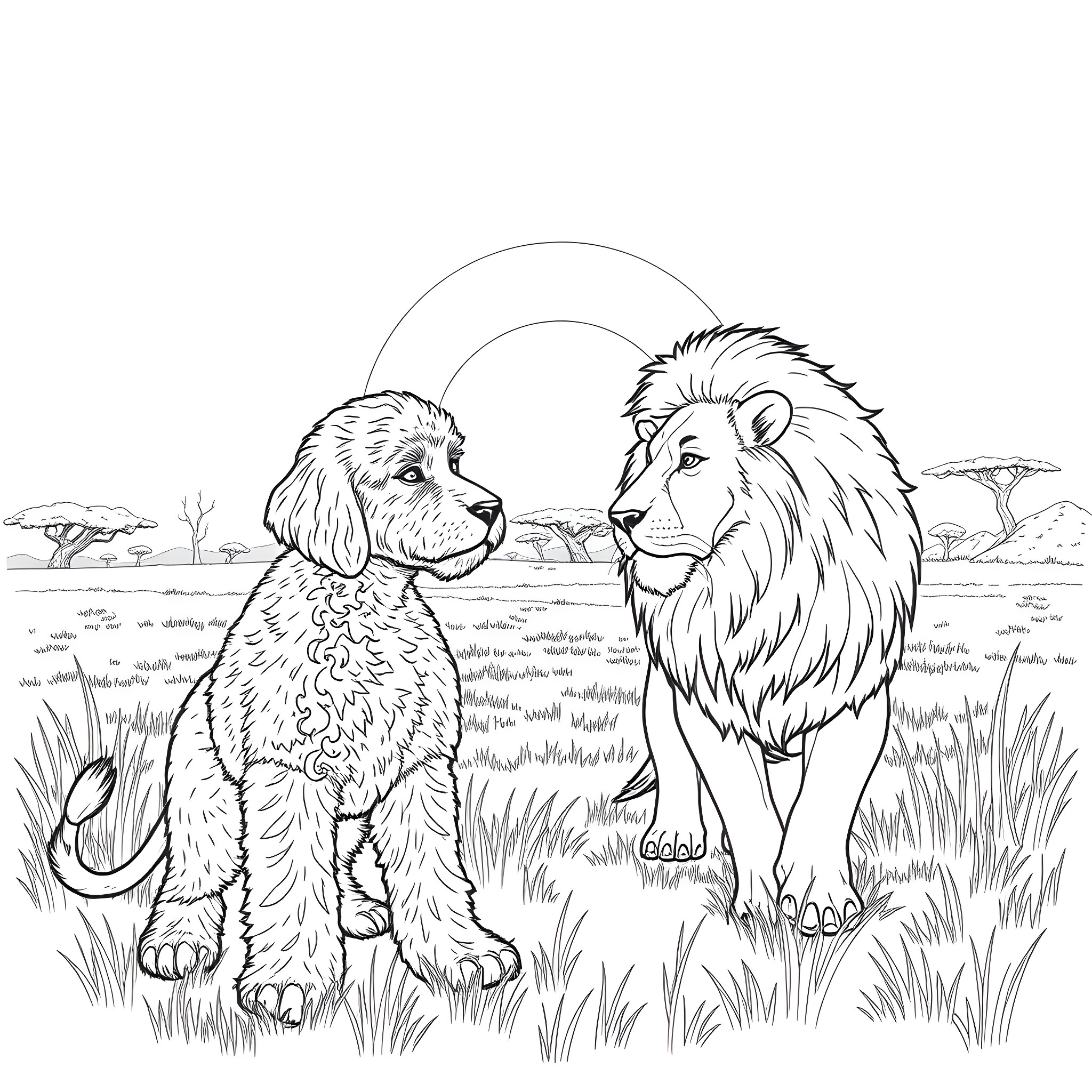 Doodle of a dog and lion in a savanna landscape Coloring Page (free black-and-white line drawing printable PDF for all, from beginners to advanced learners, including children, teens, adults, and seniors)