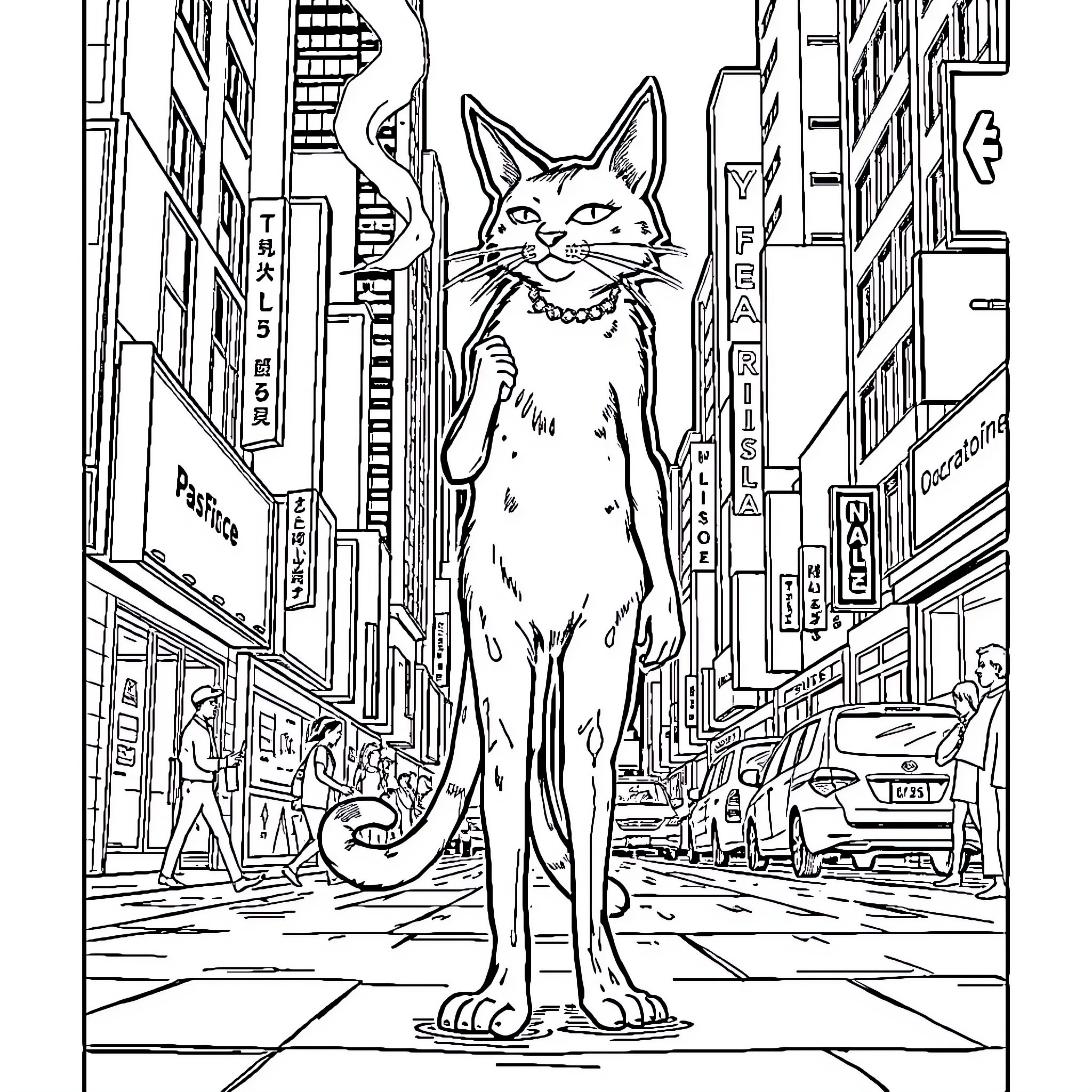Cat exploring the bustling city streets Coloring Page (free black-and-white line drawing printable PDF for all, from beginners to advanced learners, including children, teens, adults, and seniors)