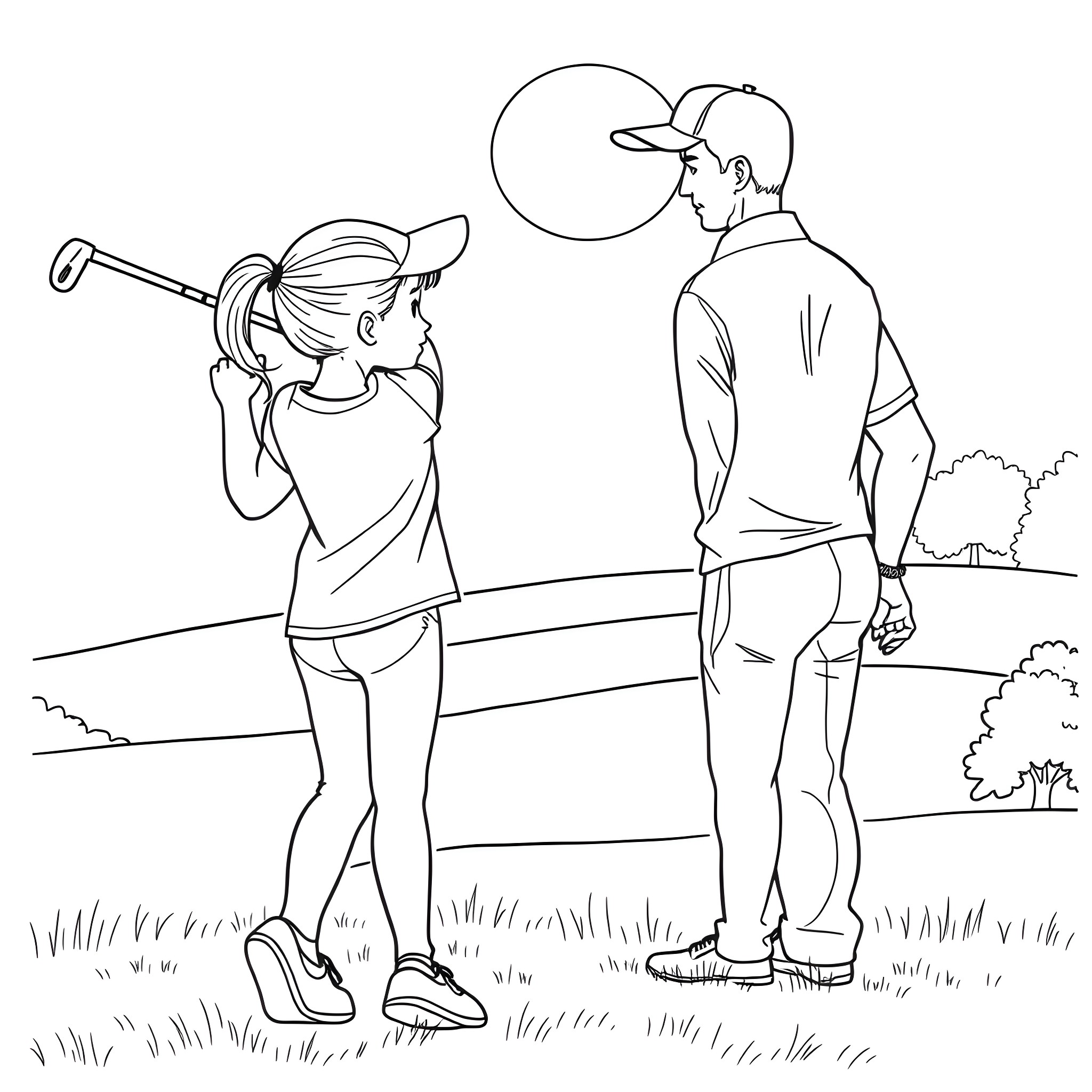 Girl playing with baseball at the park Coloring Page (free black-and-white line drawing printable PDF for all, from beginners to advanced learners, including children, teens, adults, and seniors)