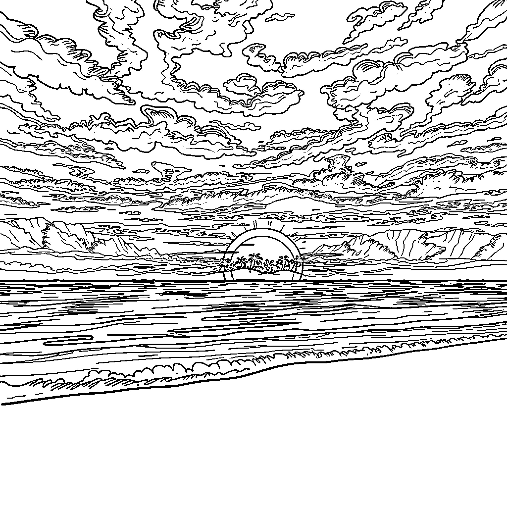 Sunset on the horizon over the sea Coloring Page (free black-and-white line drawing printable PDF for all, from beginners to advanced learners, including children, teens, adults, and seniors)