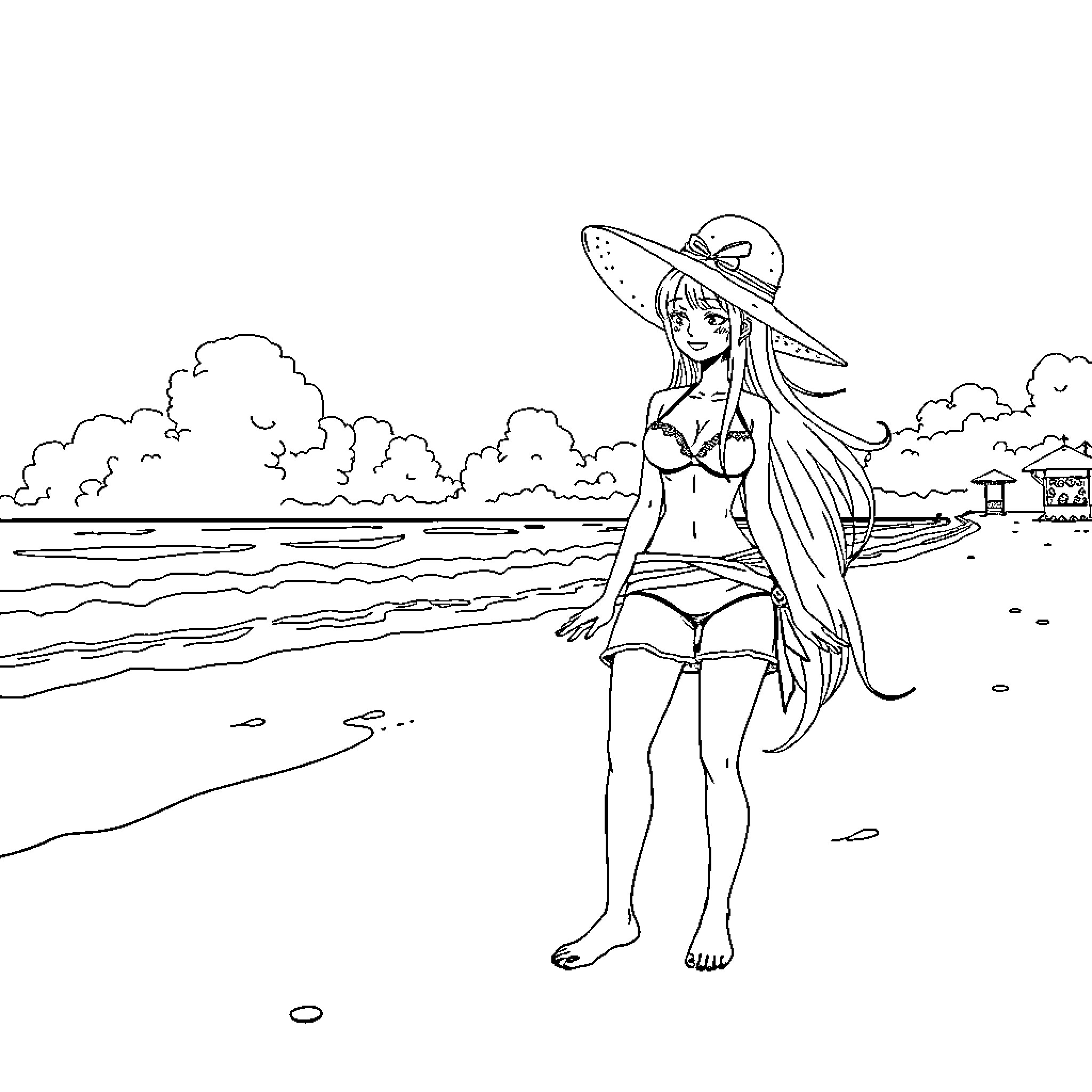 Nami enjoying a sunny beach day Coloring Page (free black-and-white line drawing printable PDF for all, from beginners to advanced learners, including children, teens, adults, and seniors)