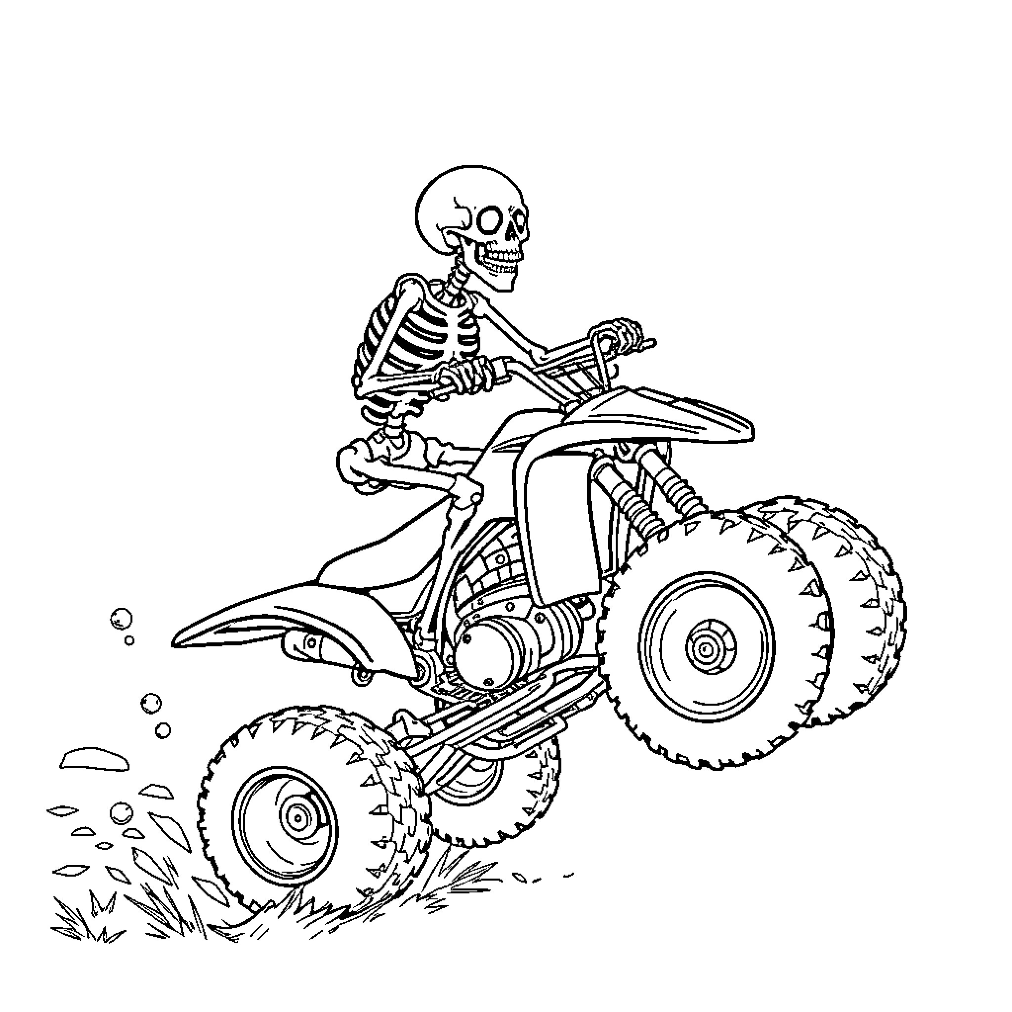 Skeleton riding an all-terrain vehicle in the outdoors Coloring Page (free black-and-white line drawing printable PDF for all, from beginners to advanced learners, including children, teens, adults, and seniors)