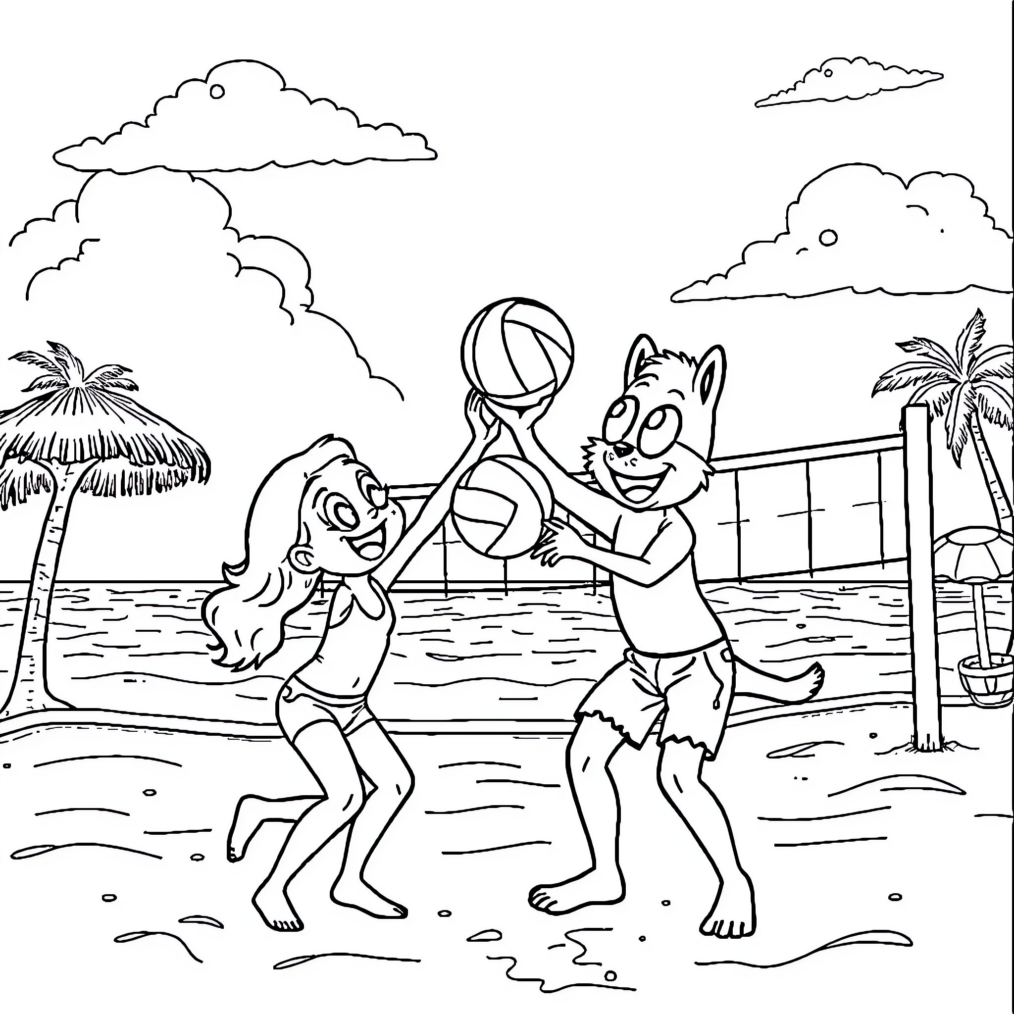 Bingo and Bluey playing beach volleyball Coloring Page (free black-and-white line drawing printable PDF for all, from beginners to advanced learners, including children, teens, adults, and seniors)