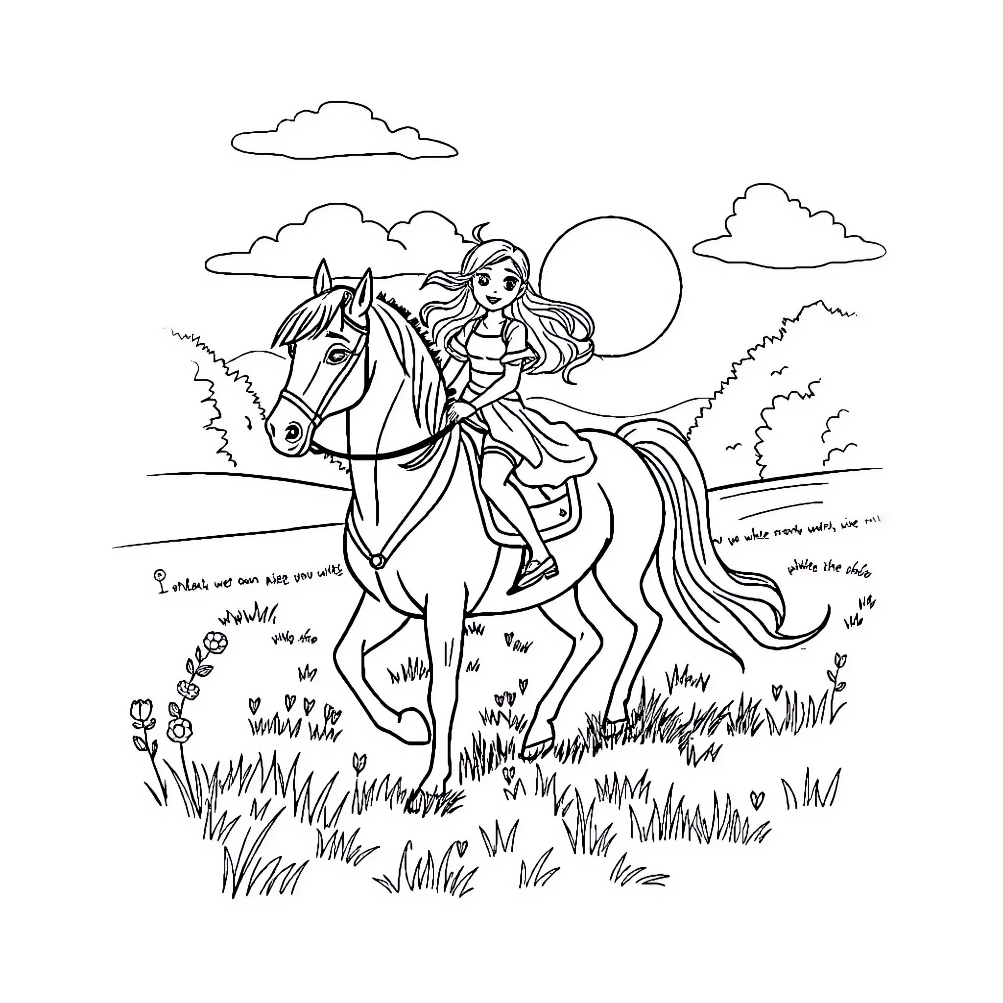 Rainbow Rider Soaring Through the Countryside Coloring Page (free black-and-white line drawing printable PDF for all, from beginners to advanced learners, including children, teens, adults, and seniors)