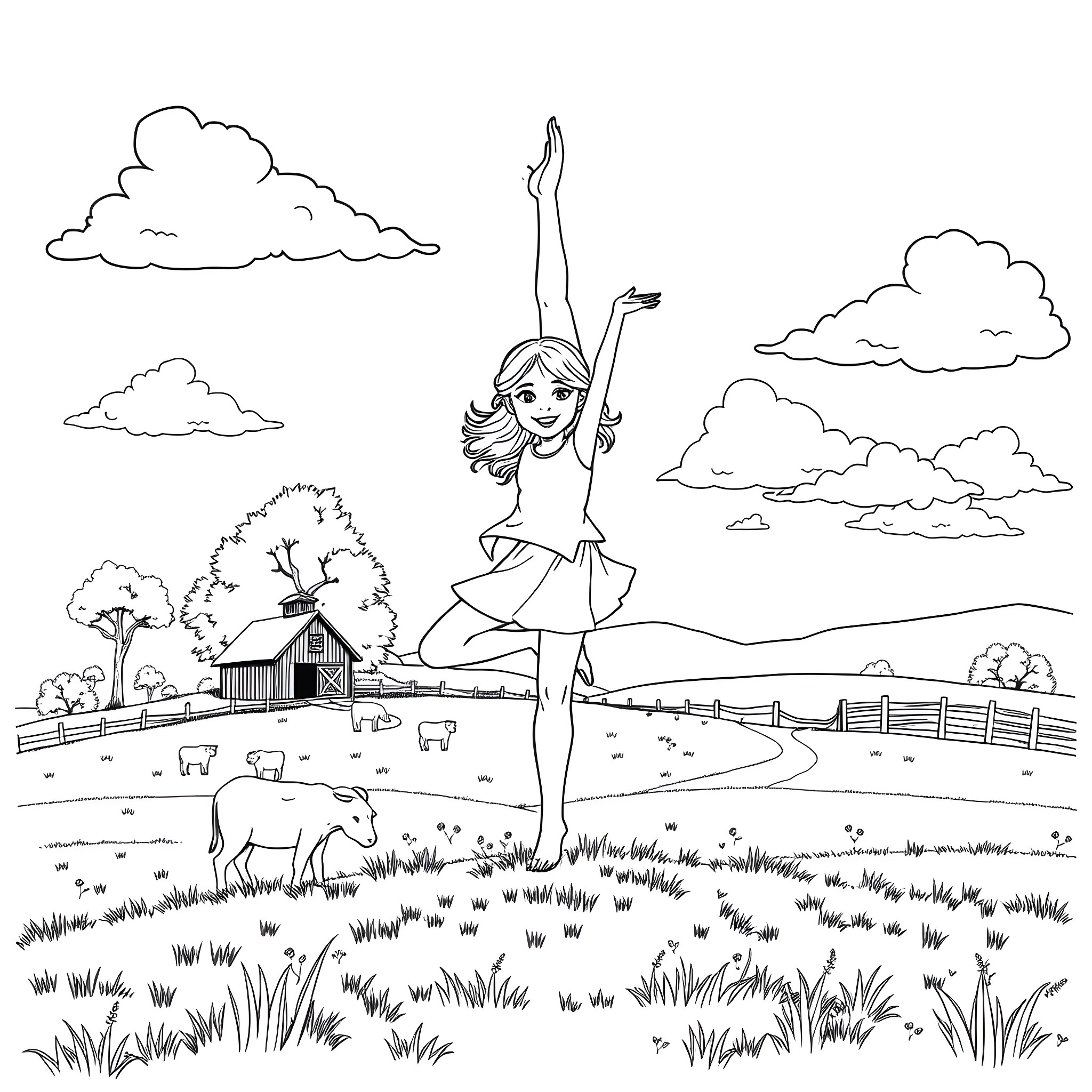 Girl joyfully dancing in the countryside Coloring Page (free black-and-white line drawing printable PDF for all, from beginners to advanced learners, including children, teens, adults, and seniors)