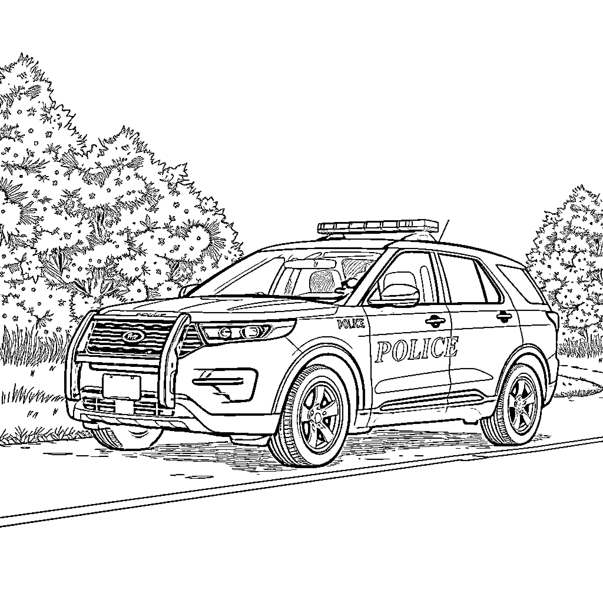 Police Car in Wooded Outdoor Scene Coloring Page (free black-and-white line drawing printable PDF for all, from beginners to advanced learners, including children, teens, adults, and seniors)