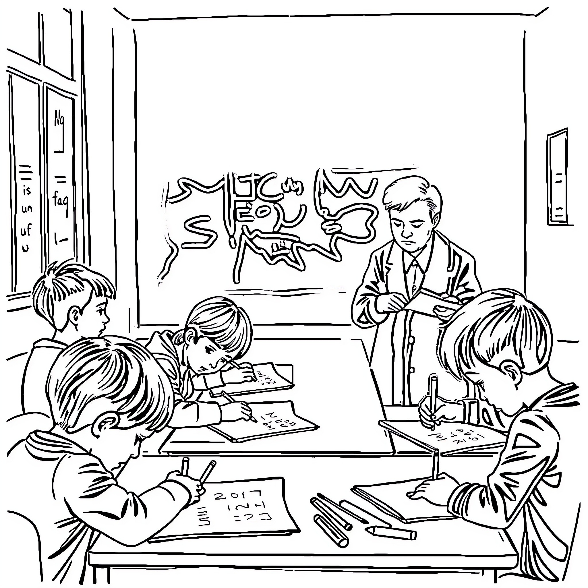 Students learning in classroom with teacher Coloring Page (free black-and-white line drawing printable PDF for all, from beginners to advanced learners, including children, teens, adults, and seniors)