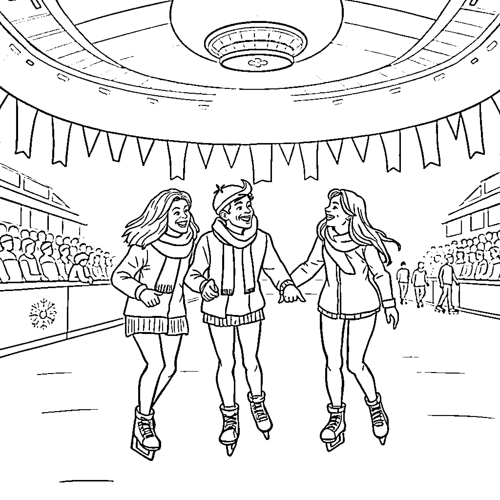 Friend Enjoying Winter Fun Together Coloring Page (free black-and-white line drawing printable PDF for all, from beginners to advanced learners, including children, teens, adults, and seniors)
