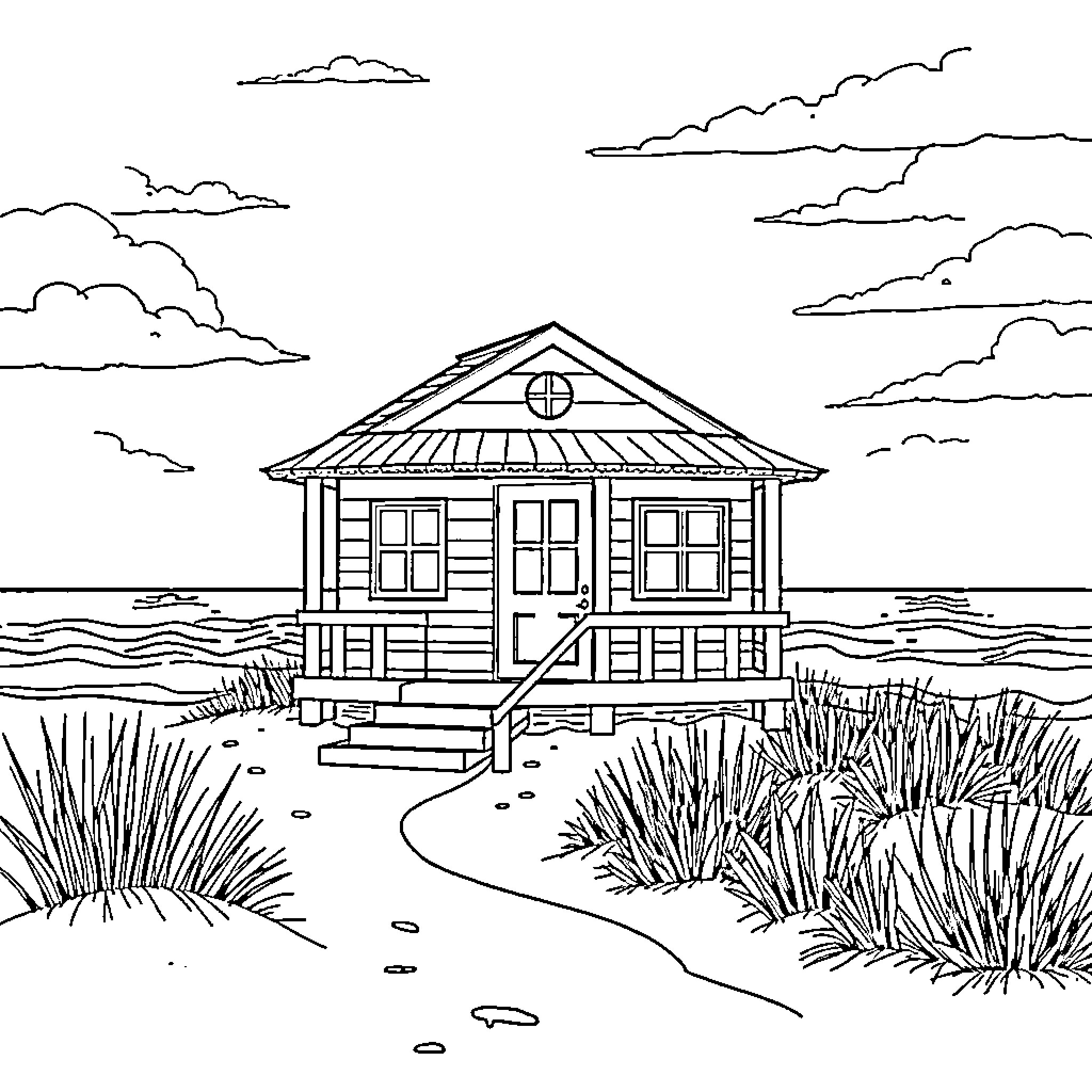Flamingo Beach House on the Shore Coloring Page (free black-and-white line drawing printable PDF for all, from beginners to advanced learners, including children, teens, adults, and seniors)