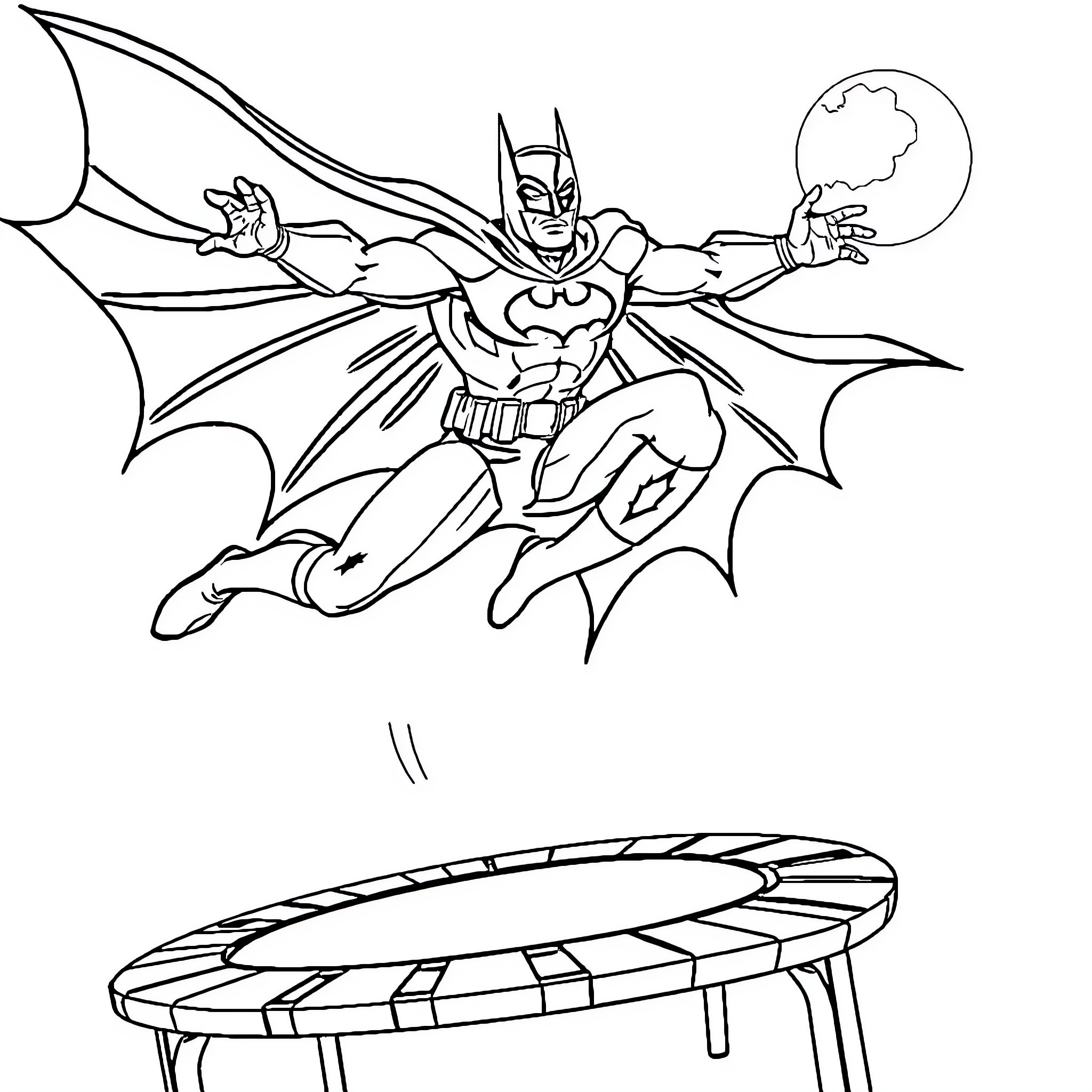 Batman soaring through the night sky with action Coloring Page (free black-and-white line drawing printable PDF for all, from beginners to advanced learners, including children, teens, adults, and seniors)