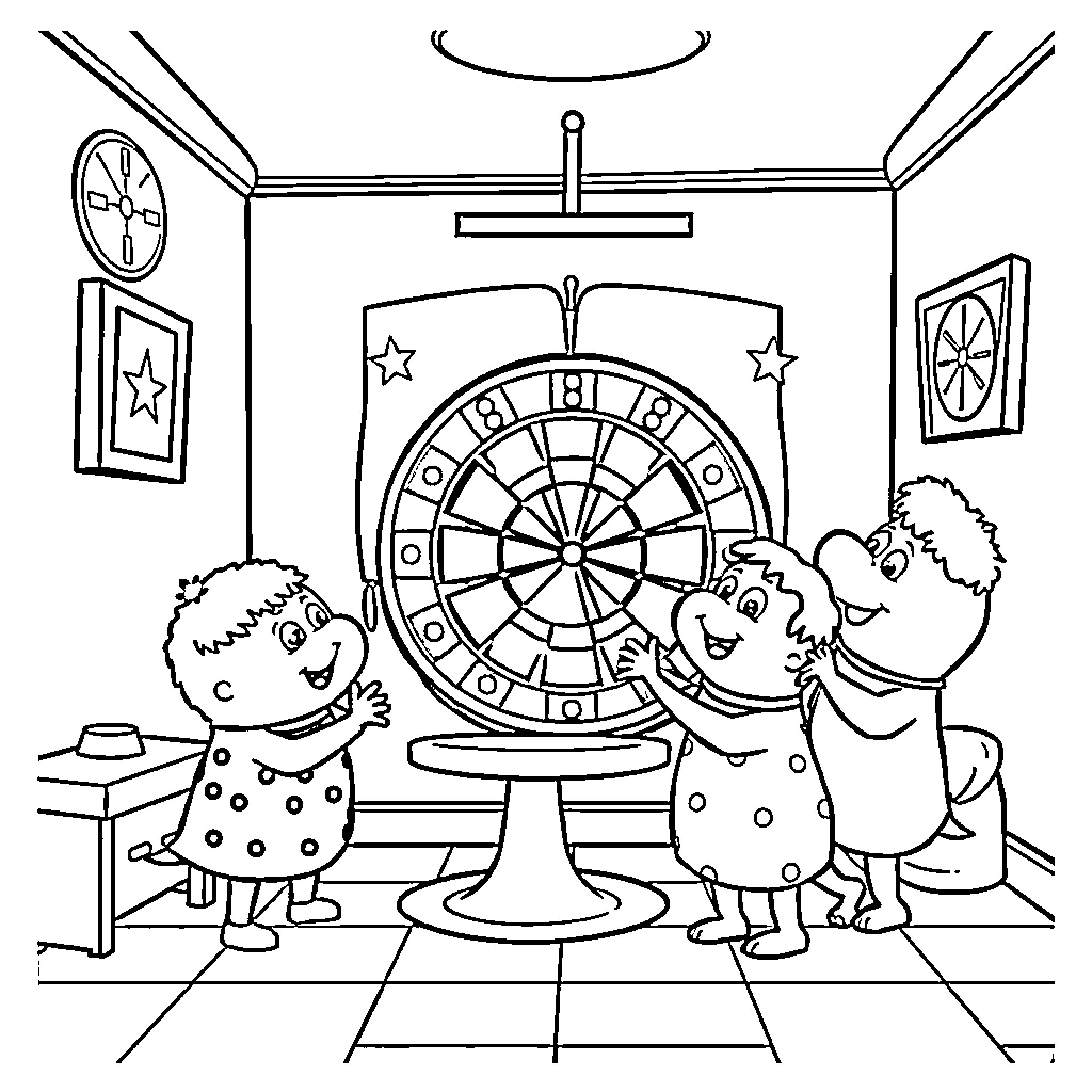 Duggee and friends playing with a dart board Coloring Page (free black-and-white line drawing printable PDF for all, from beginners to advanced learners, including children, teens, adults, and seniors)