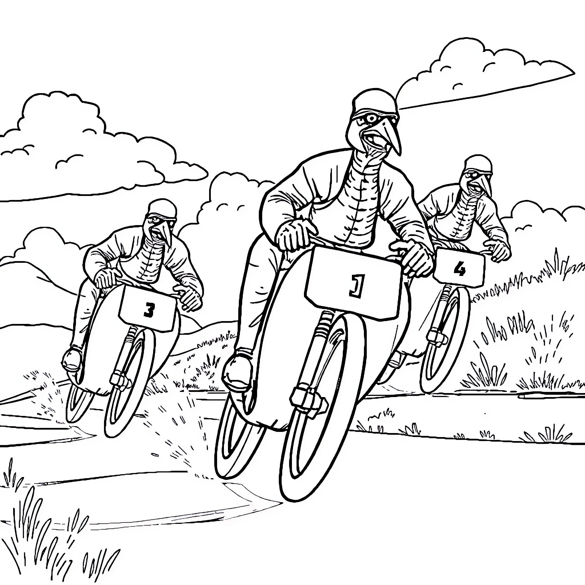 Snail bikers racing on a countryside road Coloring Page (free black-and-white line drawing printable PDF for all, from beginners to advanced learners, including children, teens, adults, and seniors)