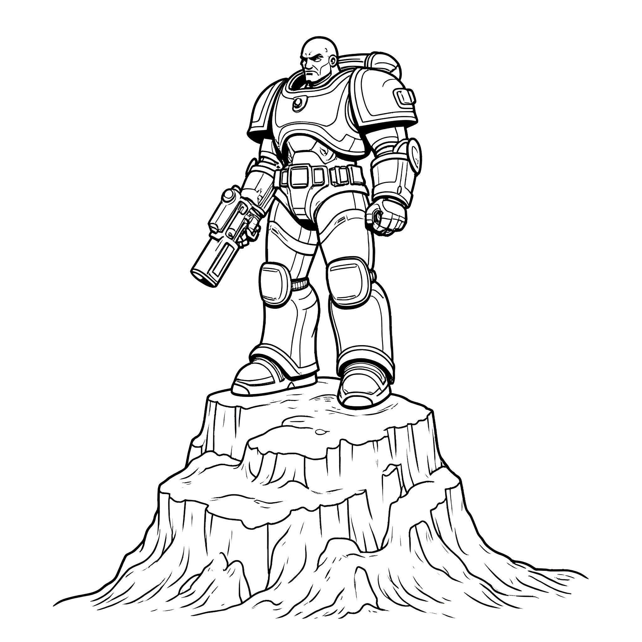 Fabius Bile stands atop a mountain, clad in futuristic armor Coloring Page (free black-and-white line drawing printable PDF for all, from beginners to advanced learners, including children, teens, adults, and seniors)