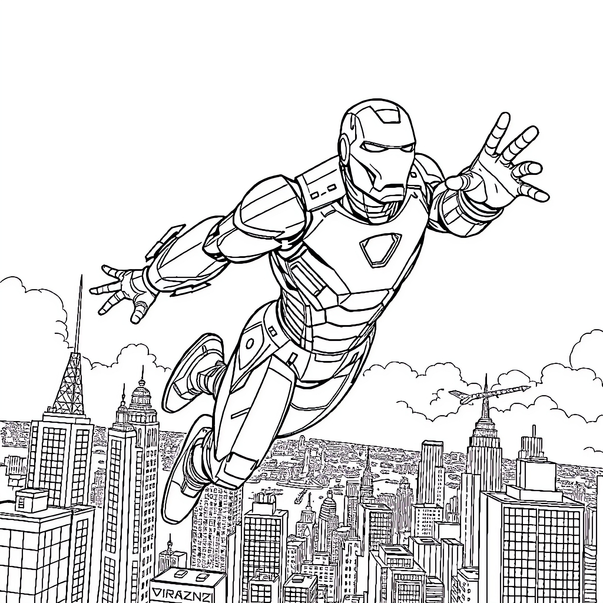 Iron Man soaring over the city skyline Coloring Page (free black-and-white line drawing printable PDF for all, from beginners to advanced learners, including children, teens, adults, and seniors)