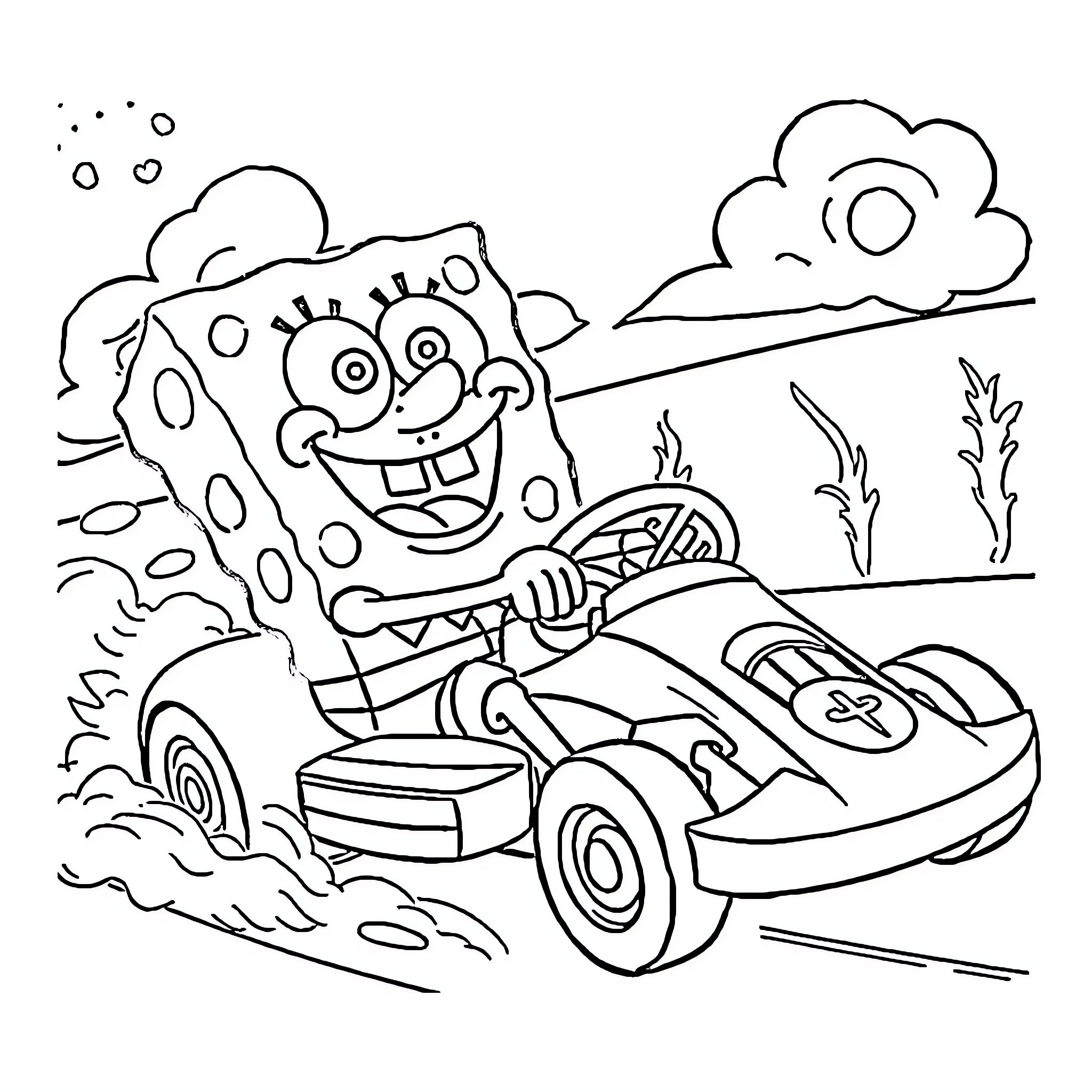 Spongebob driving his go-kart through a wacky landscape Coloring Page (free black-and-white line drawing printable PDF for all, from beginners to advanced learners, including children, teens, adults, and seniors)