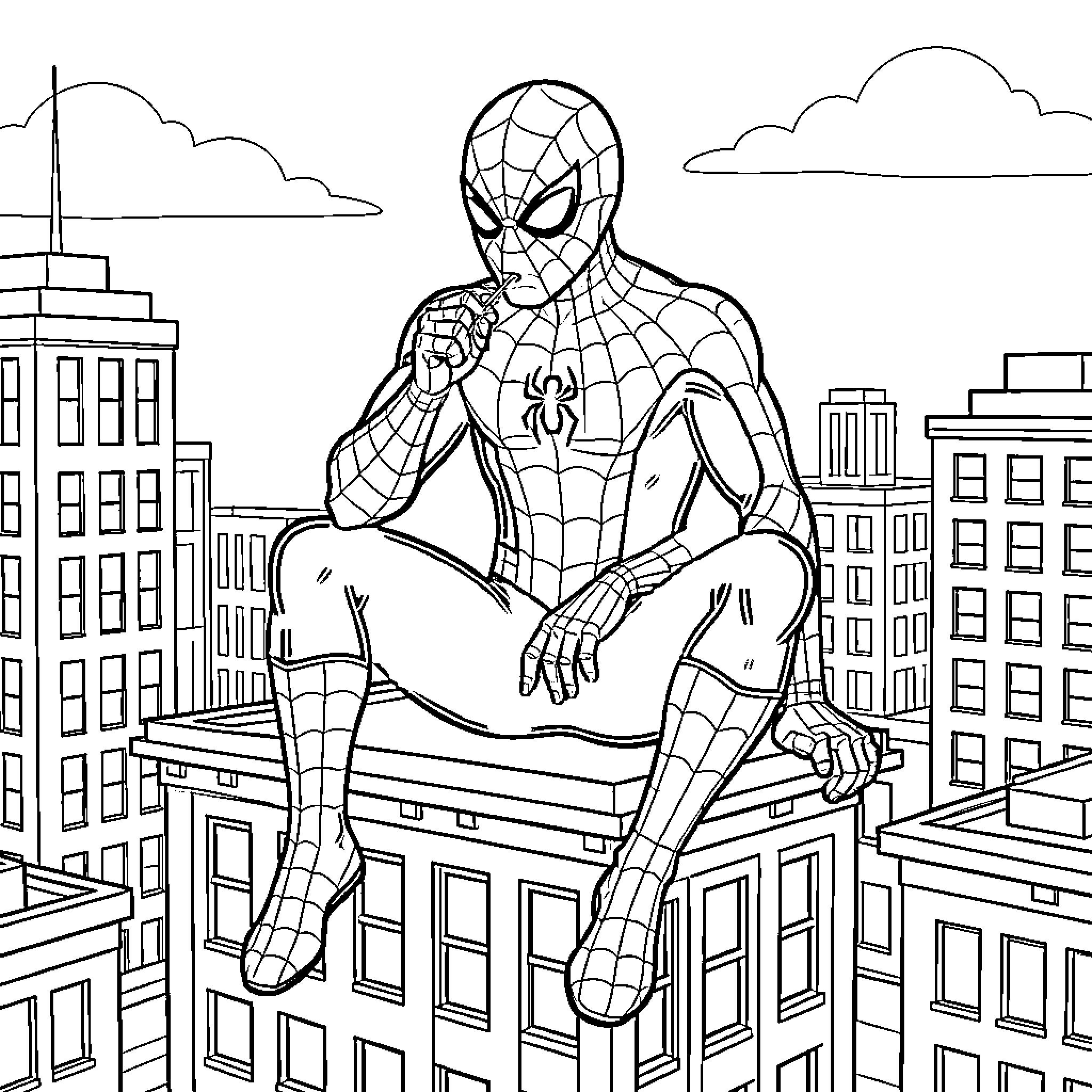 Spiderman sitting thoughtfully on a city rooftop Coloring Page (free black-and-white line drawing printable PDF for all, from beginners to advanced learners, including children, teens, adults, and seniors)