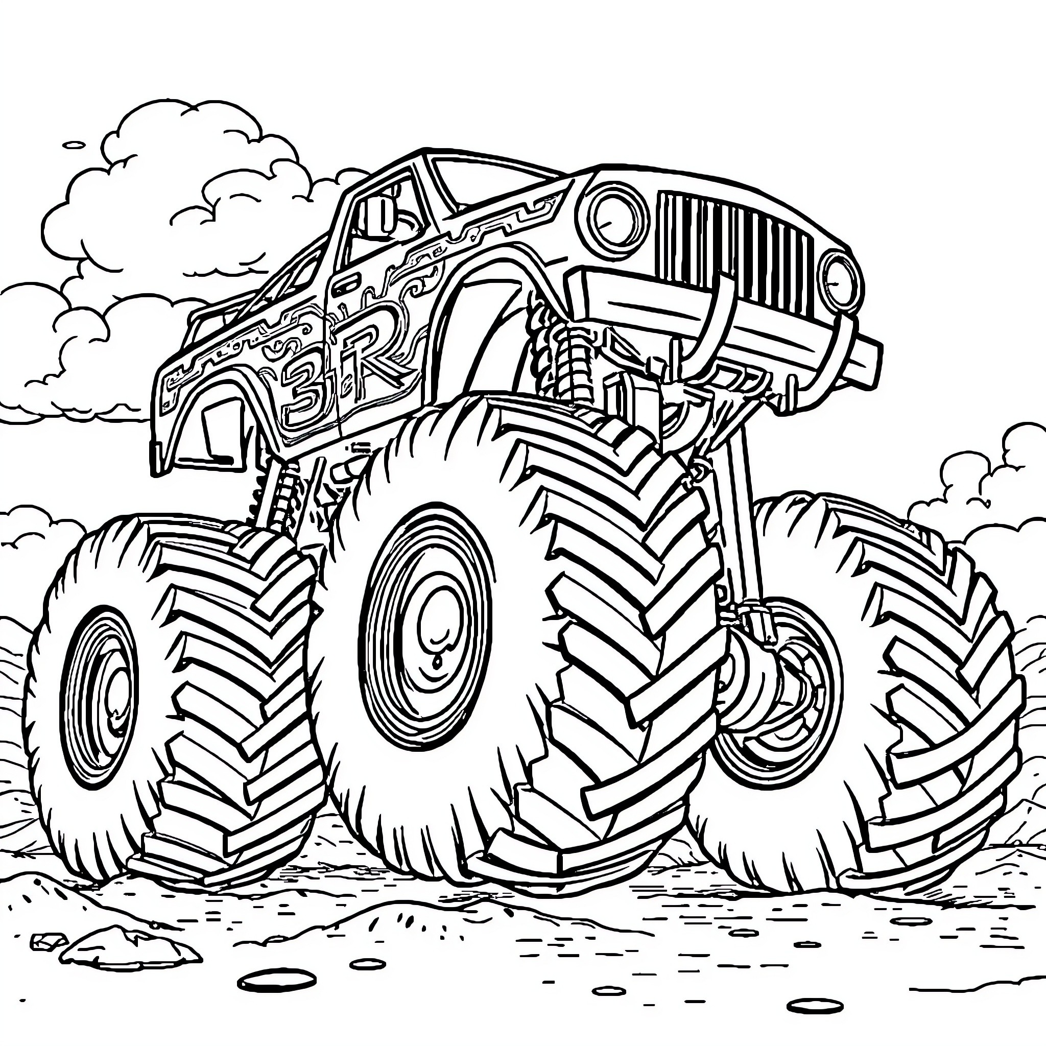 Monster Truck Crushing Through Muddy Terrain Coloring Page (free black-and-white line drawing printable PDF for all, from beginners to advanced learners, including children, teens, adults, and seniors)