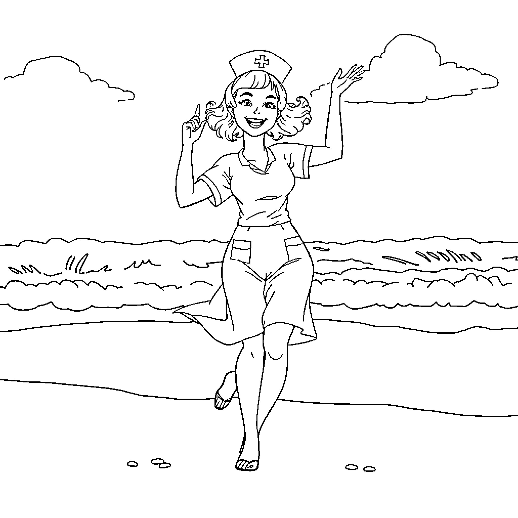 Nurse Waving on the Beach Coloring Page (free black-and-white line drawing printable PDF for all, from beginners to advanced learners, including children, teens, adults, and seniors)