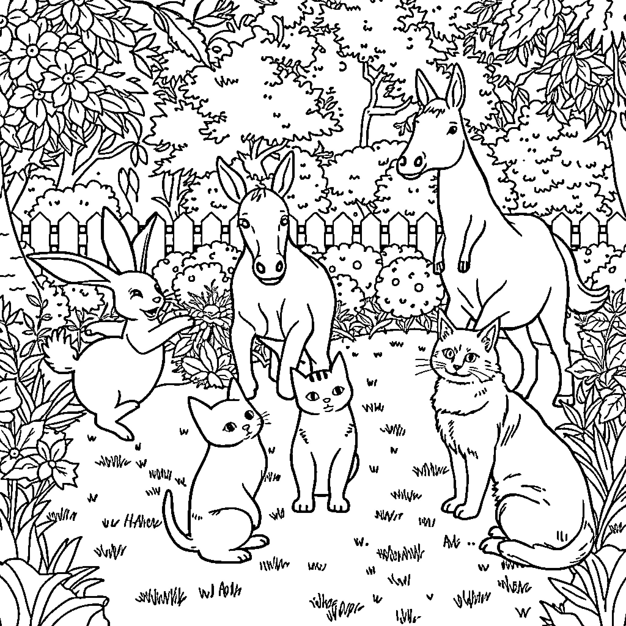 Rabbit Family in a Lush Garden Coloring Page (free black-and-white line drawing printable PDF for all, from beginners to advanced learners, including children, teens, adults, and seniors)