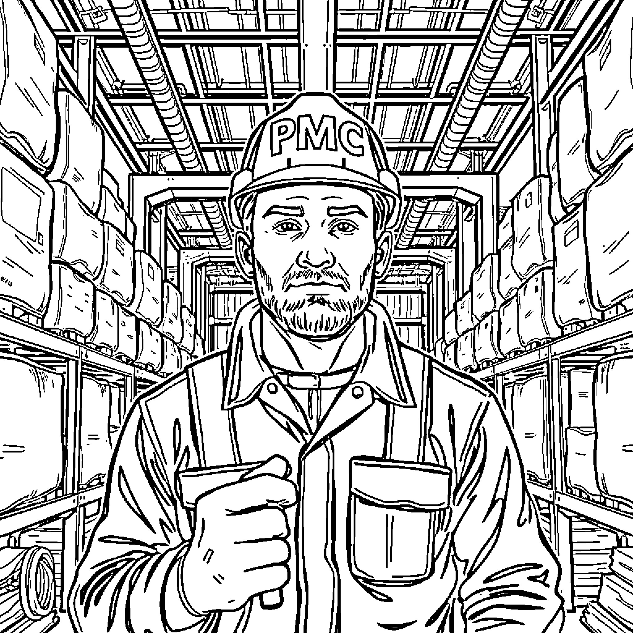 Electrician working in the industrial warehouse Coloring Page (free black-and-white line drawing printable PDF for all, from beginners to advanced learners, including children, teens, adults, and seniors)