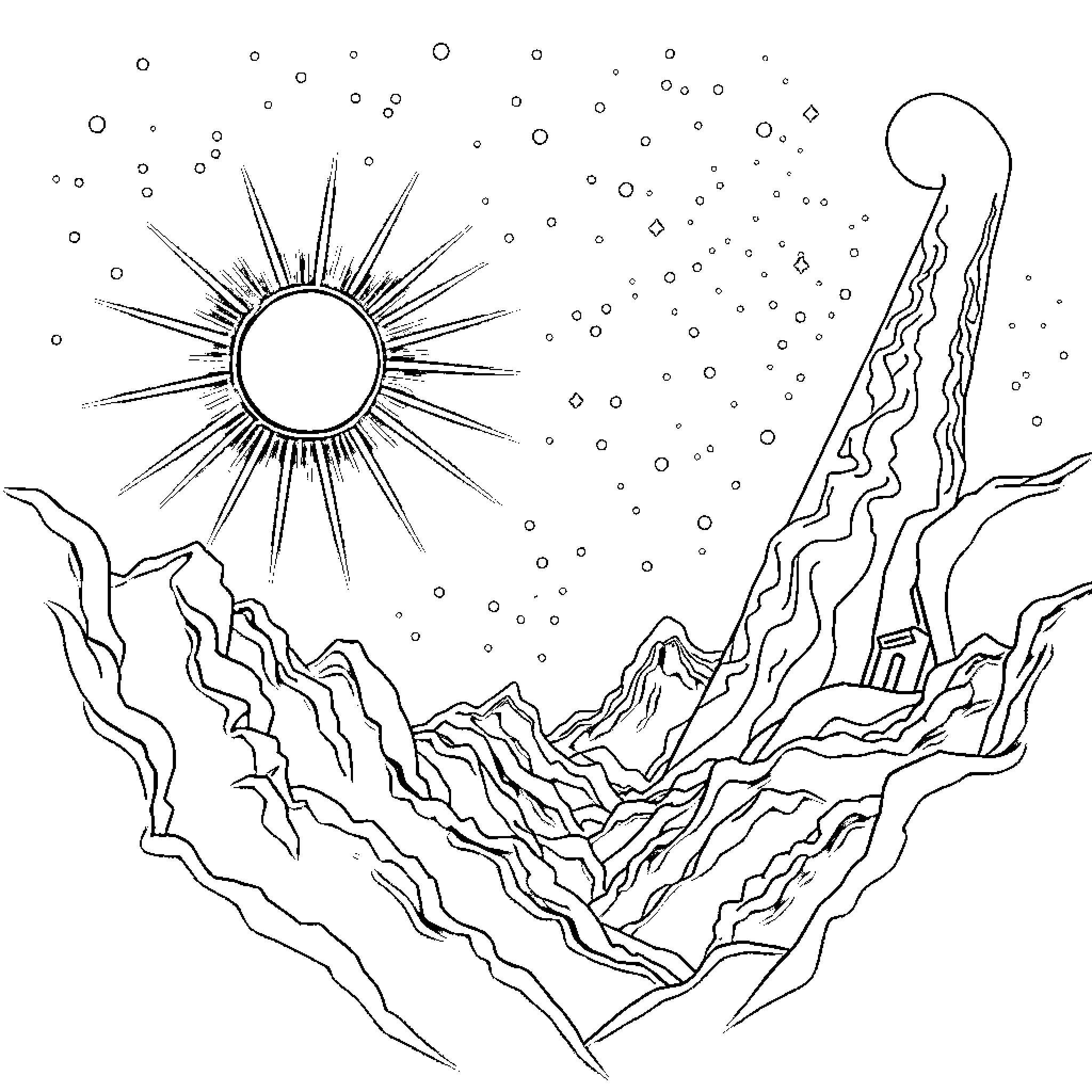 God's Magnificent Celestial Landscape Coloring Page (free black-and-white line drawing printable PDF for all, from beginners to advanced learners, including children, teens, adults, and seniors)